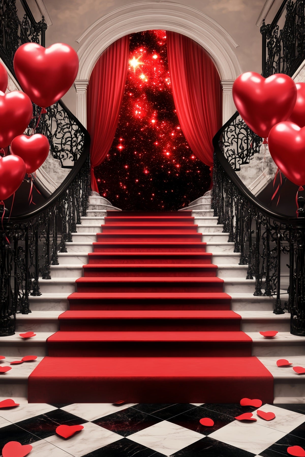 Toile de fond Tapis Rouge Escalier Romantique Ballons Cœur Scène LXX58-319