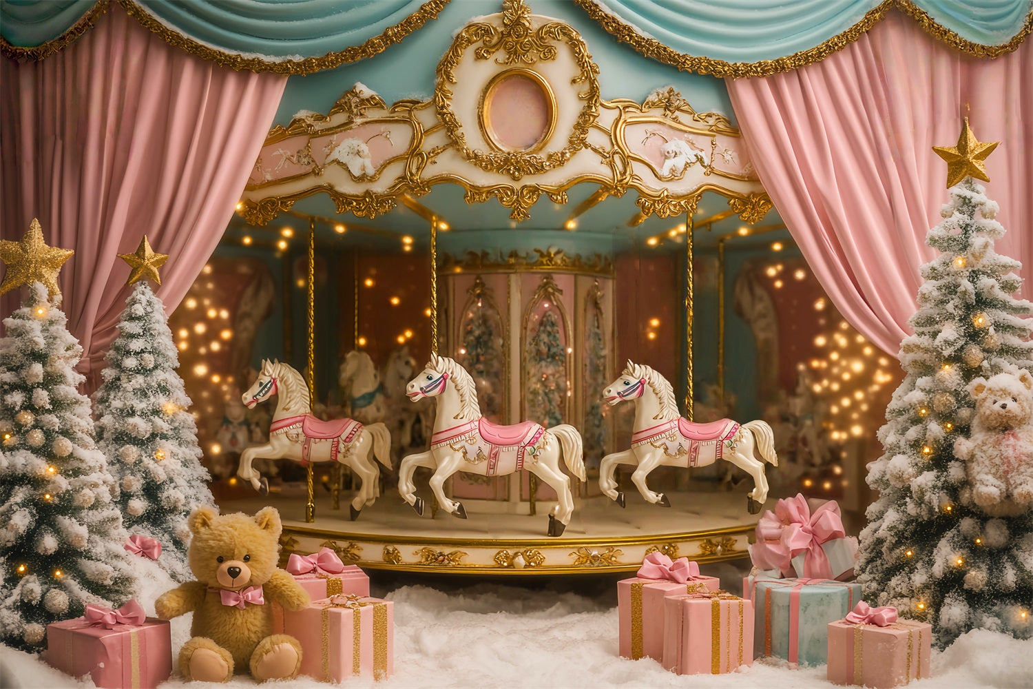 Toile de fond Nouveau-Né Carrousel Chevaux Pays des Merveilles Hivernal LXX58-343