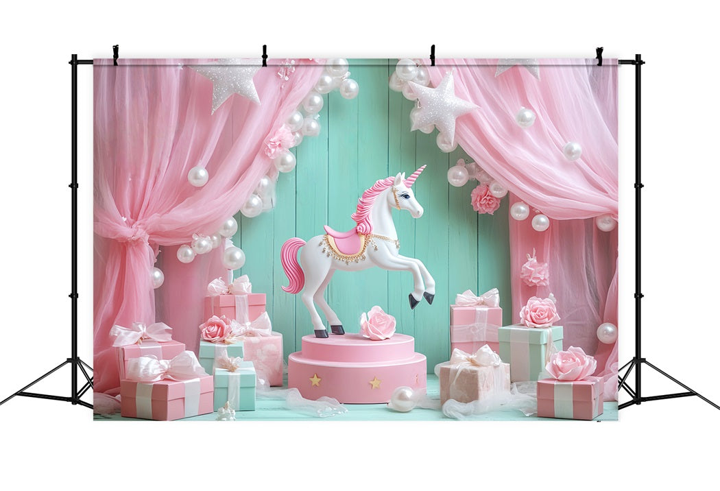 Toile de fond Bébé Licorne Drapés Roses Cadeaux LXX58-348
