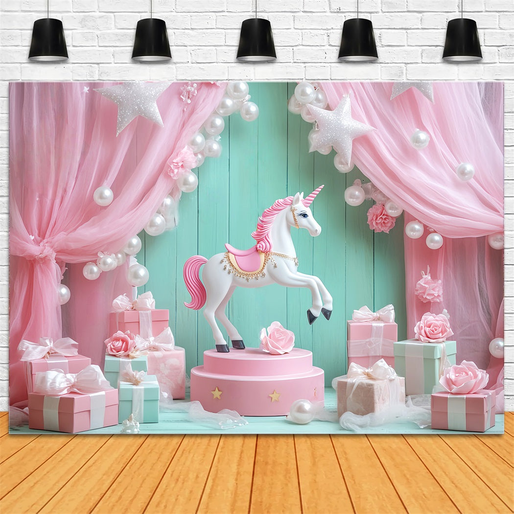 Toile de fond Bébé Licorne Drapés Roses Cadeaux LXX58-348