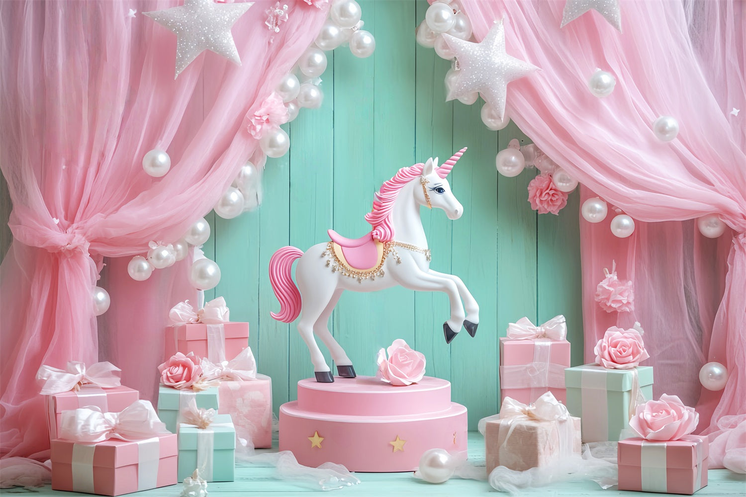 Toile de fond Bébé Licorne Drapés Roses Cadeaux LXX58-348