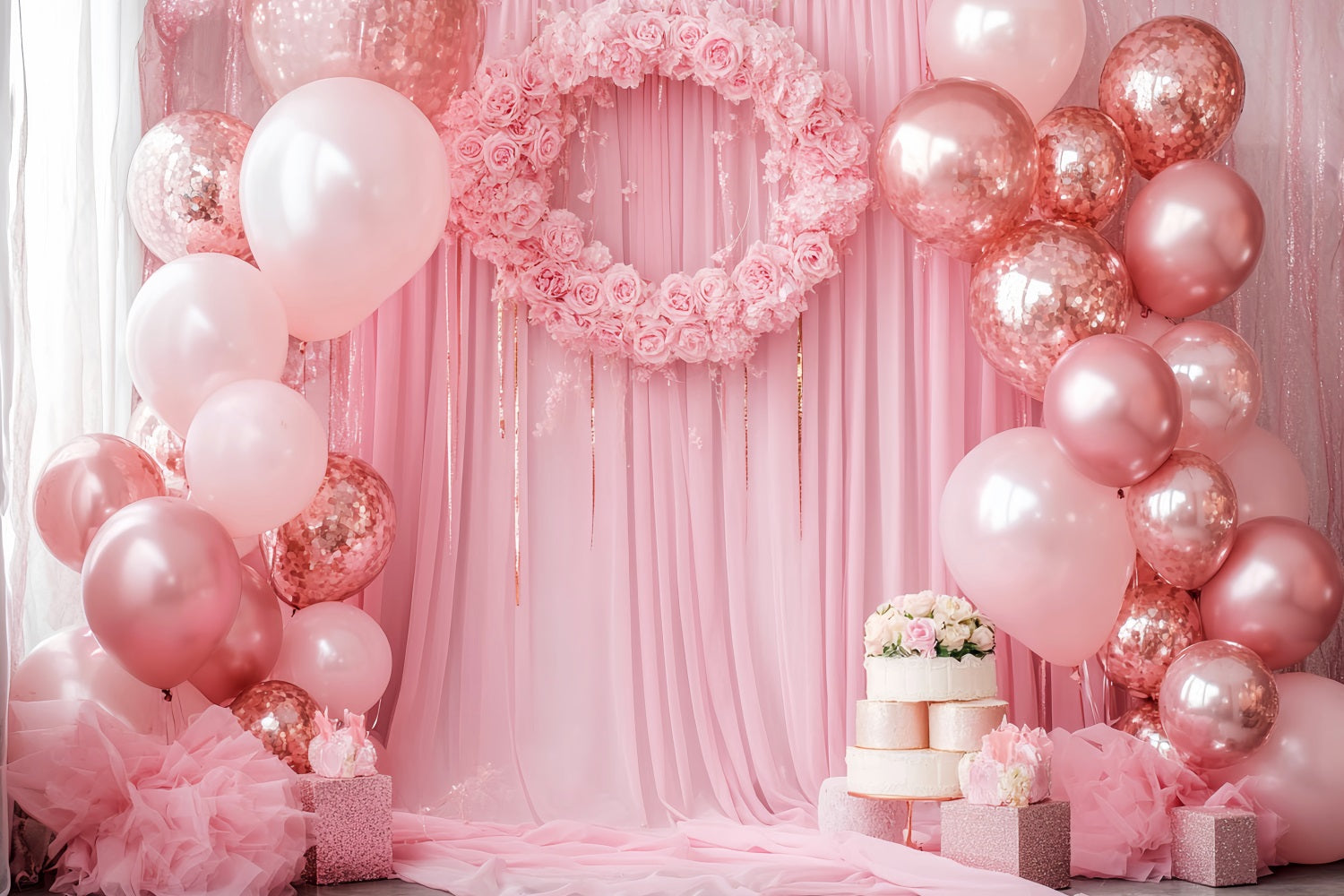 Toile de fond Nouveau-Né Roses Roses Couronne Ballons LXX58-356