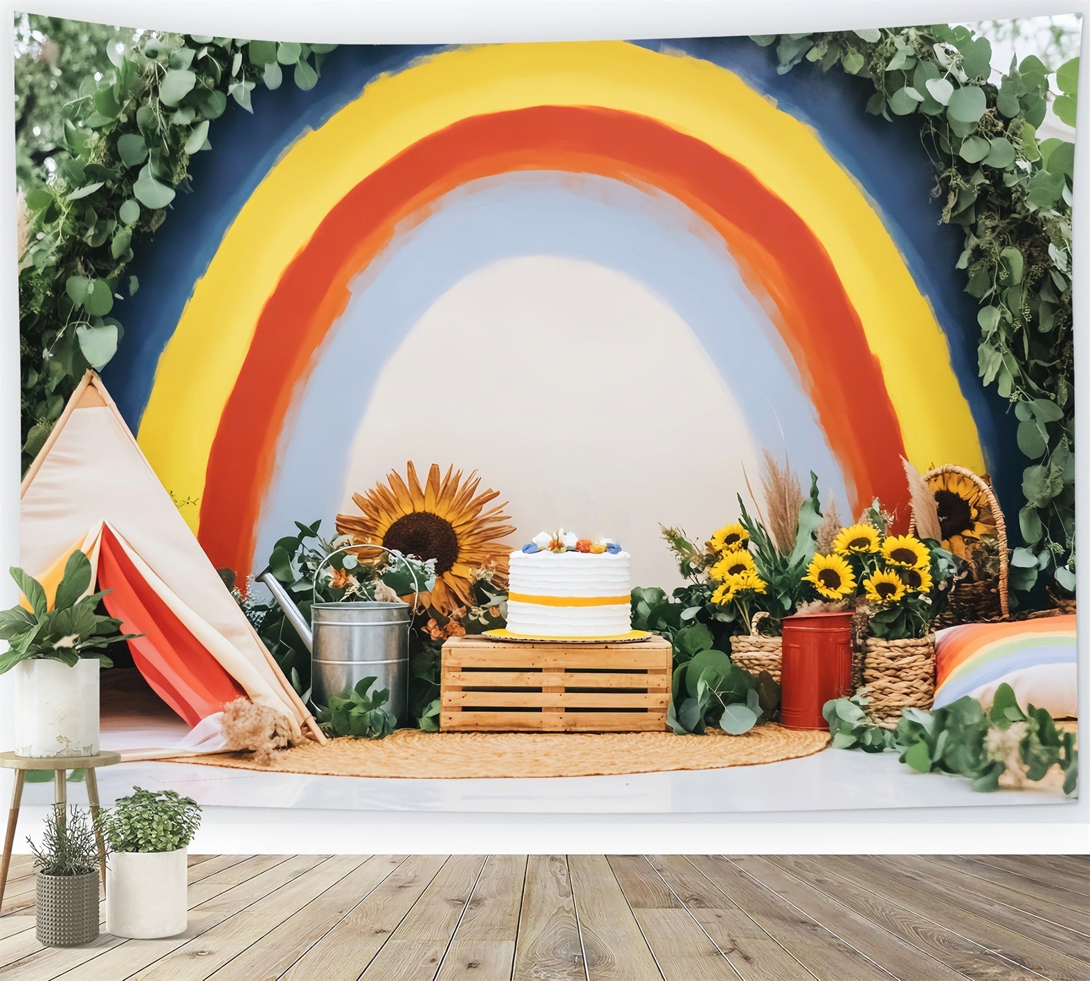 Toile de fond Bébé Gâteau Arc-en-Ciel Tournesols Décor LXX58-358