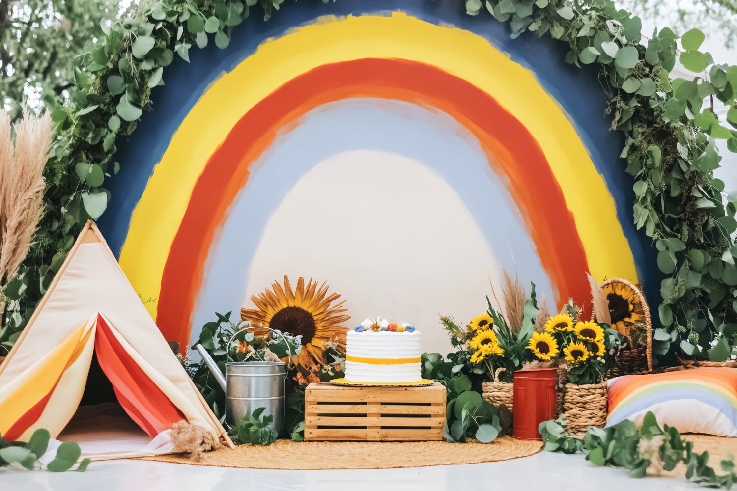 Toile de fond Bébé Gâteau Arc-en-Ciel Tournesols Décor LXX58-358