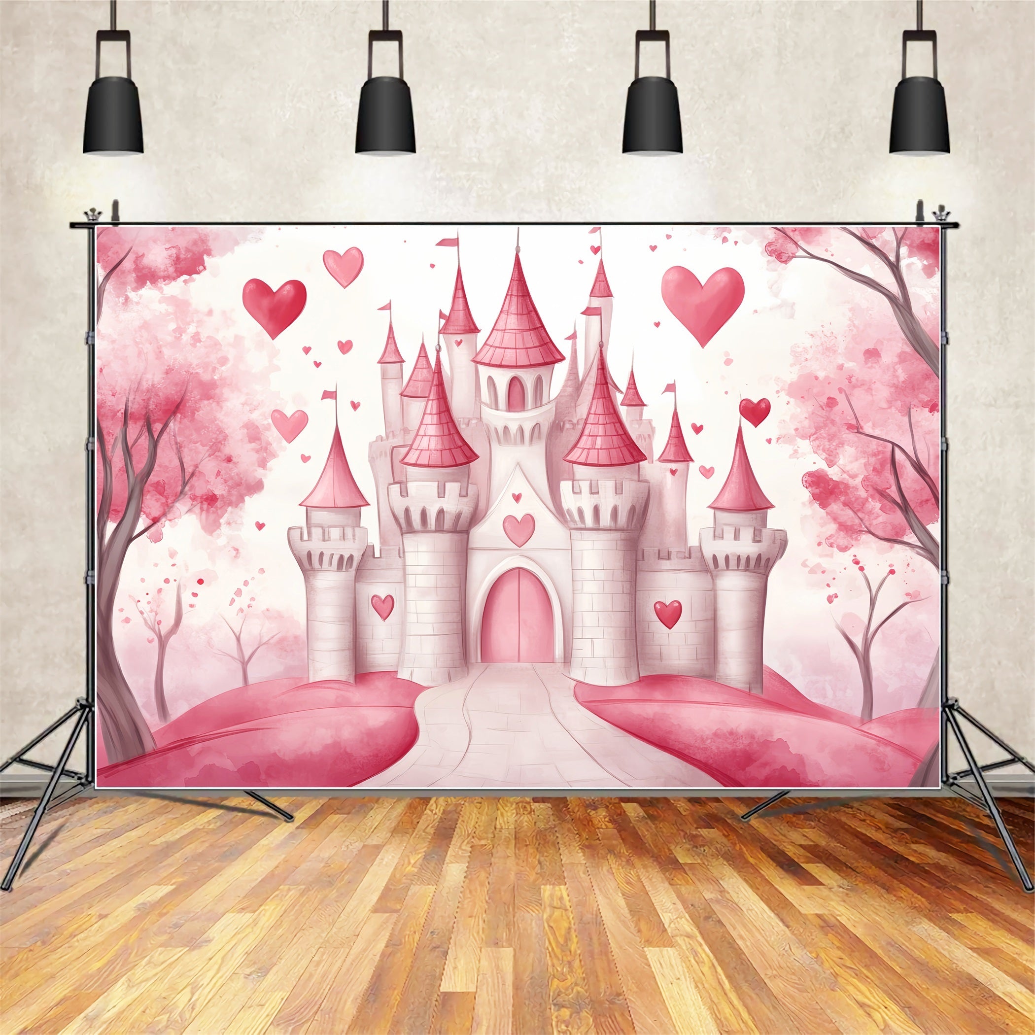Toile de fond Bébé Château Cœur Rose Conte de Fées LXX58-371