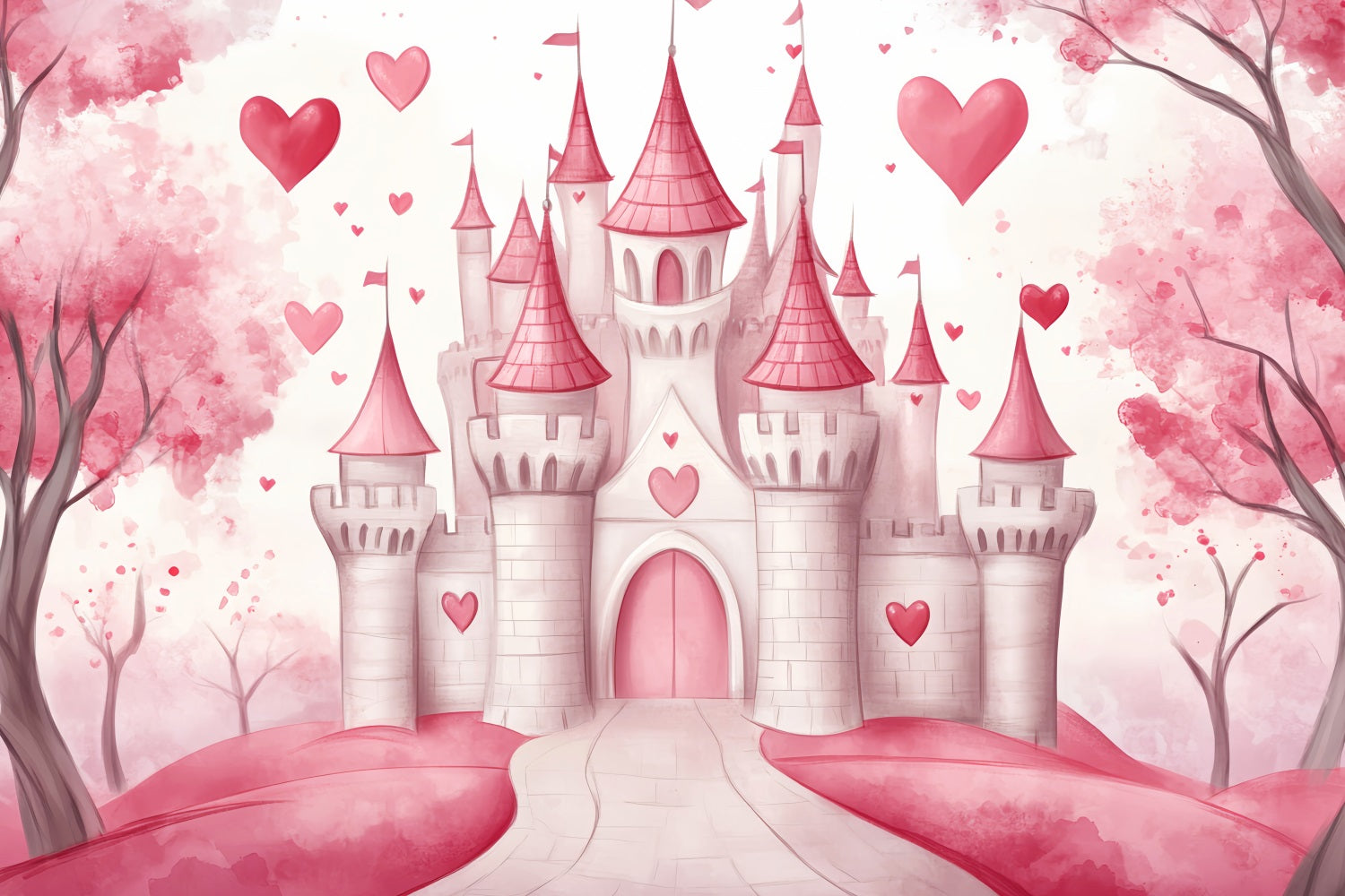 Toile de fond Bébé Château Cœur Rose Conte de Fées LXX58-371