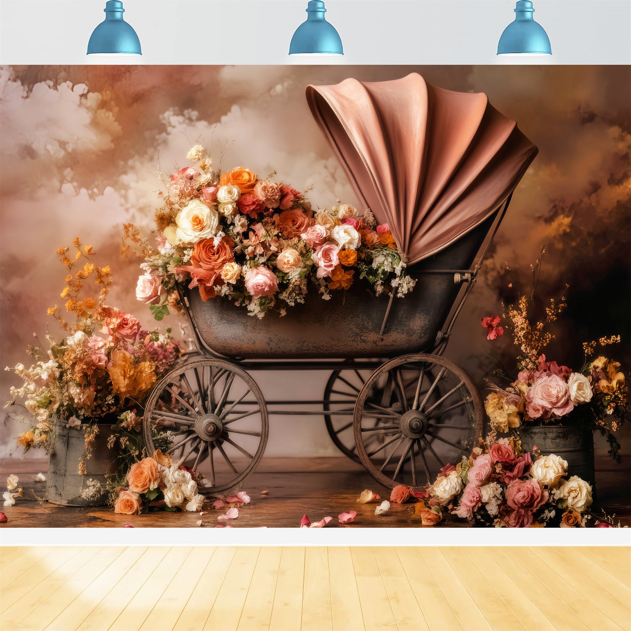 Toile de fond Nouveau-Né Automne Poussette Vintage Fleurs Épanouies LXX58-376
