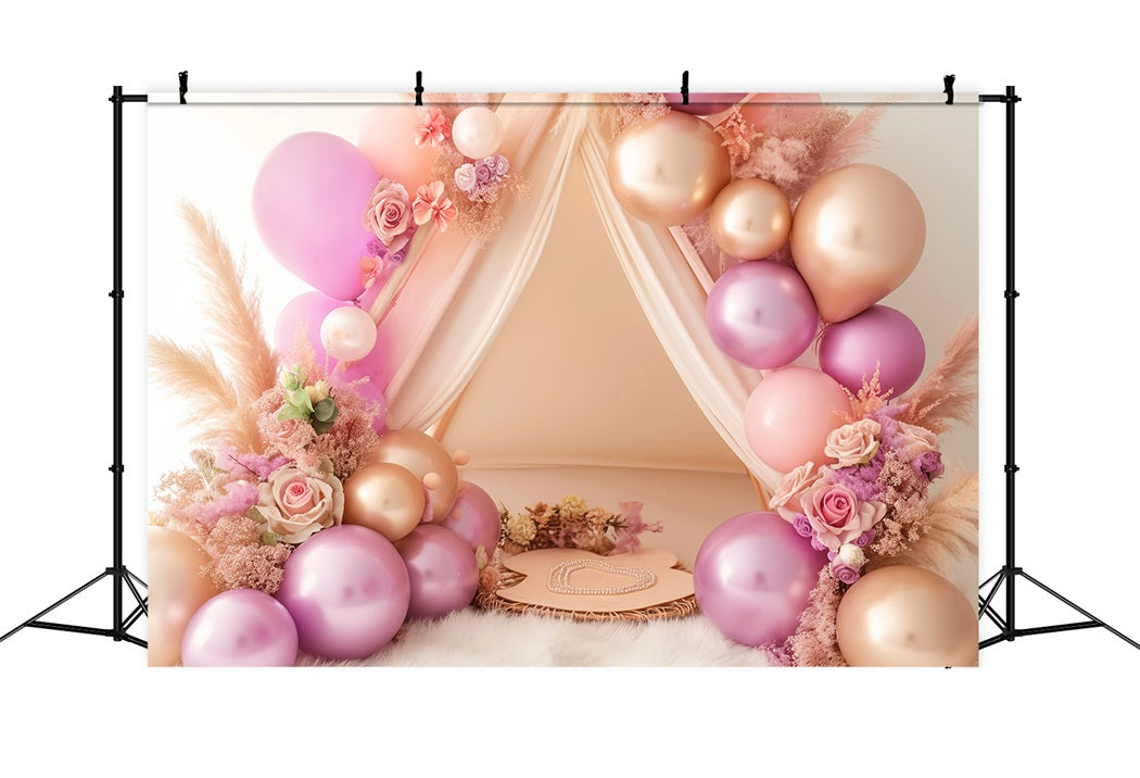 Toile de fond Bébé Tente Florale Ballons Roses LXX58-388