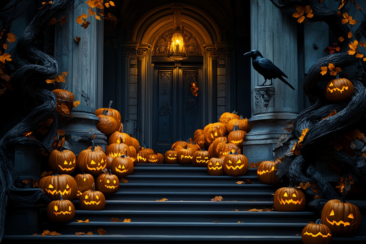 Toile de fond photo halloween Escalier Citrouilles Parade Garage LXX58-45