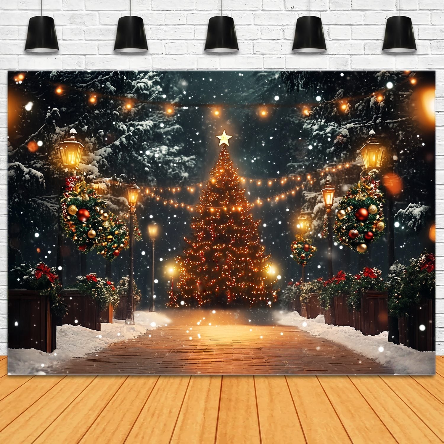 Toile de fond photo Noël Arbres Enneigés Magiques et Lumières LXX58-51