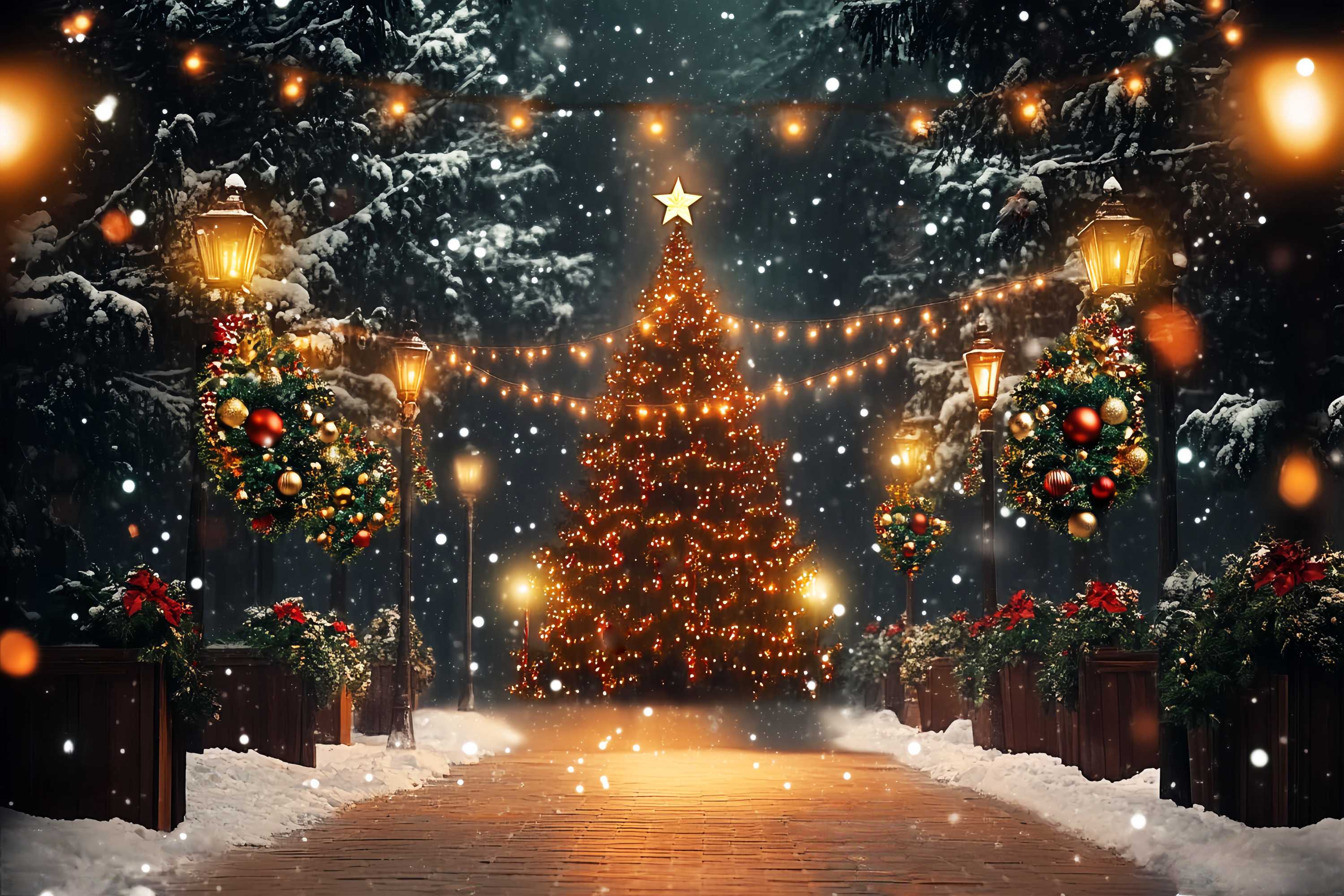 Toile de fond photo Noël Arbres Enneigés Magiques et Lumières LXX58-51