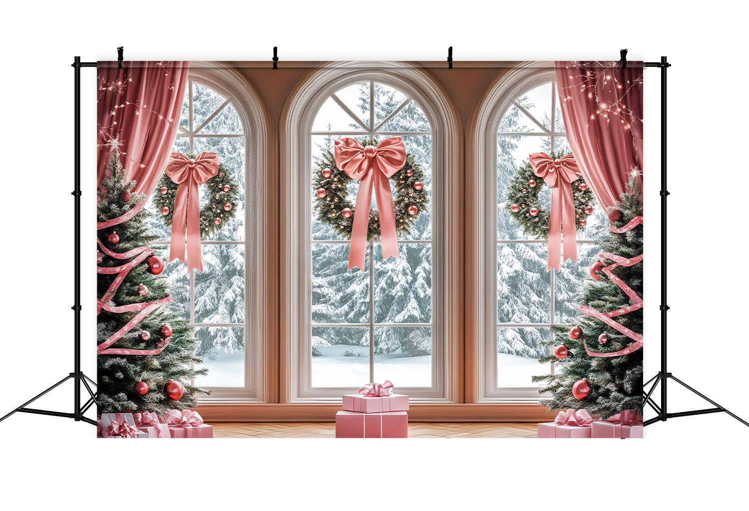 Toile de fond Noël Rose Rubans Roses et Couronnes à la Fenêtre LXX58-52