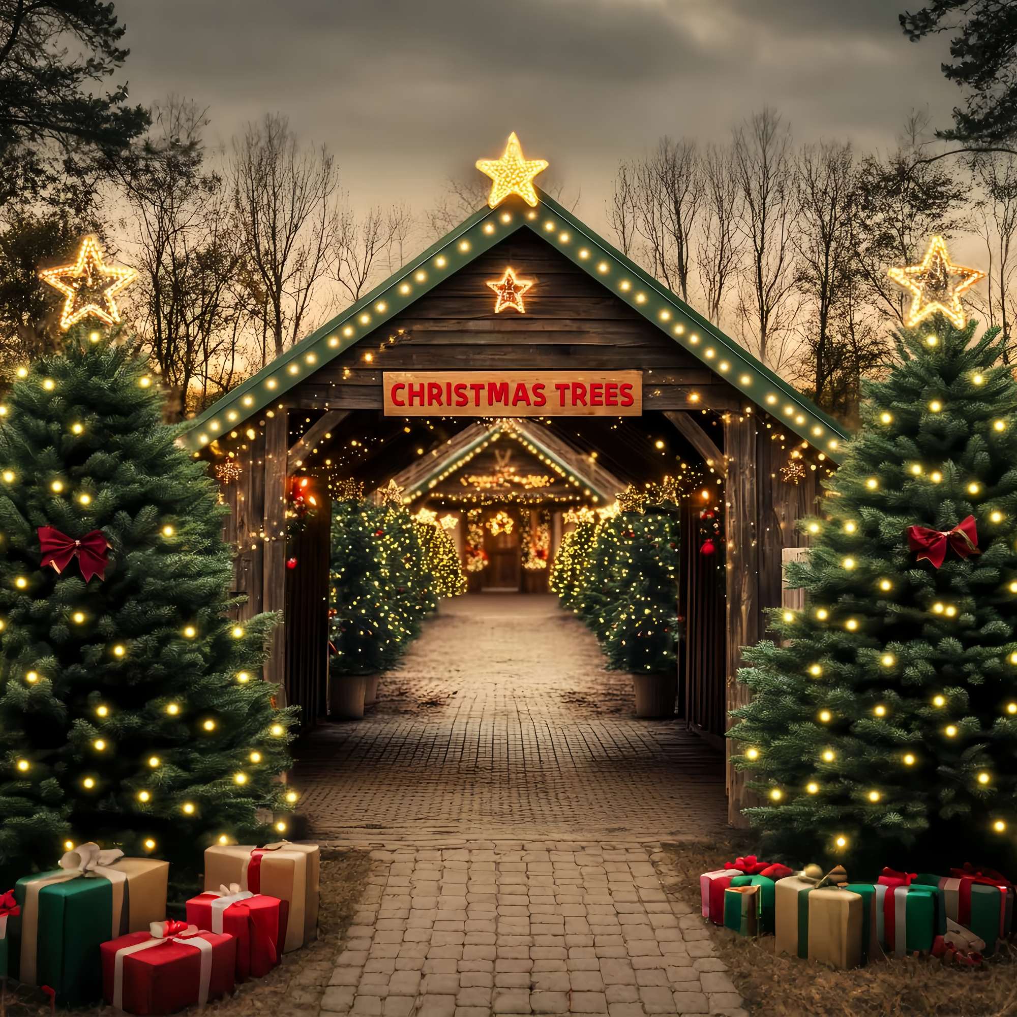 Toile de fond Noël Tunnel Rustique Ferme de Sapins LXX58-55