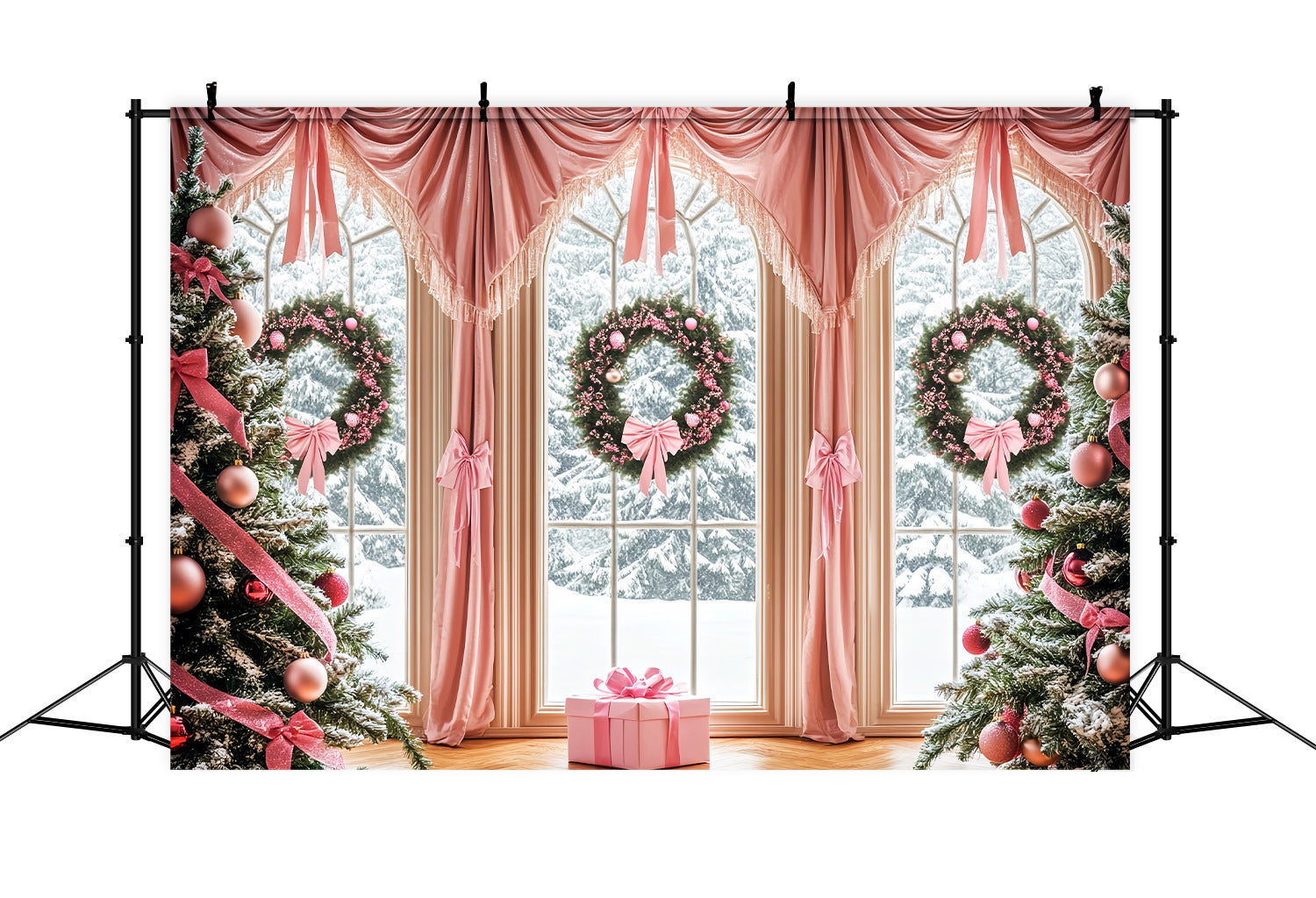 Toile de fond Noël Nœud Rose Élégant et Fenêtre LXX58-57