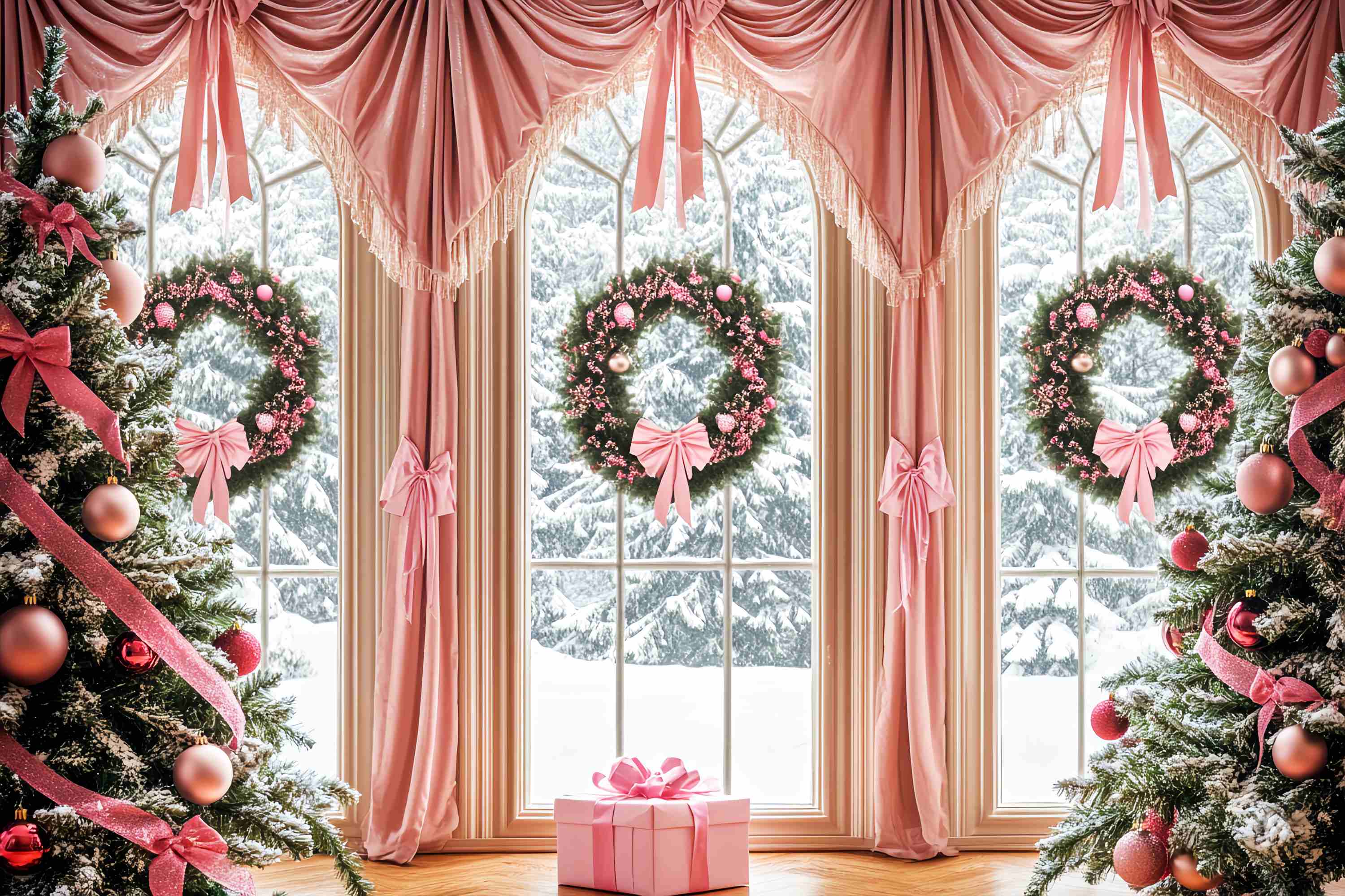Toile de fond Noël Nœud Rose Élégant et Fenêtre LXX58-57