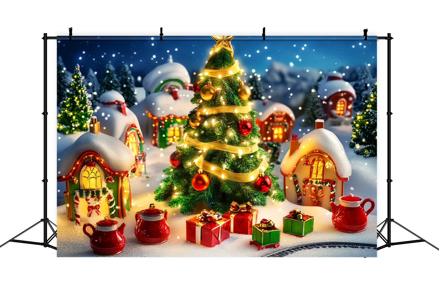 Toile de fond Noël Scène du Sapin et Village de Jouets LXX58-60