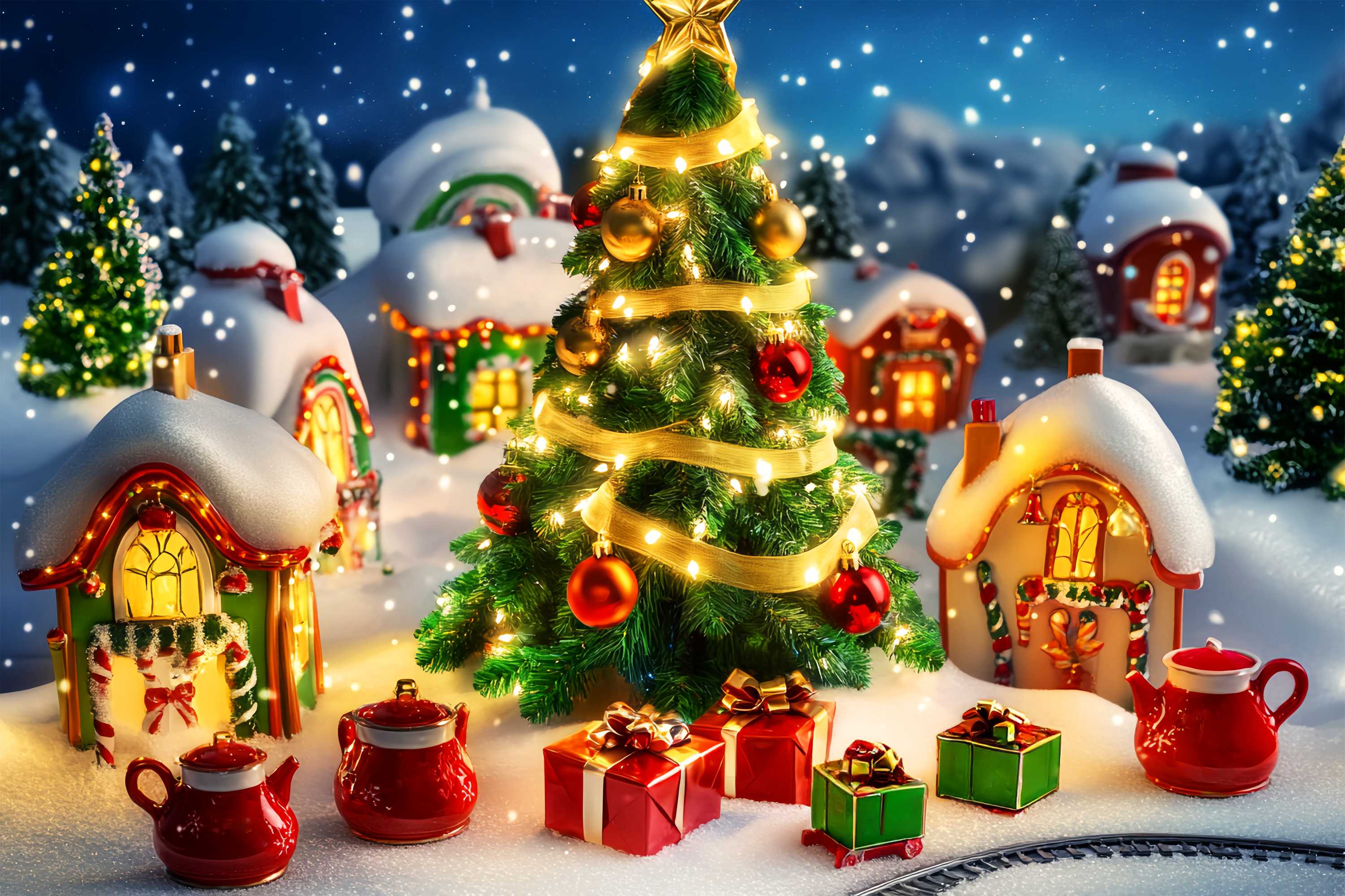 Toile de fond Noël Scène du Sapin et Village de Jouets LXX58-60