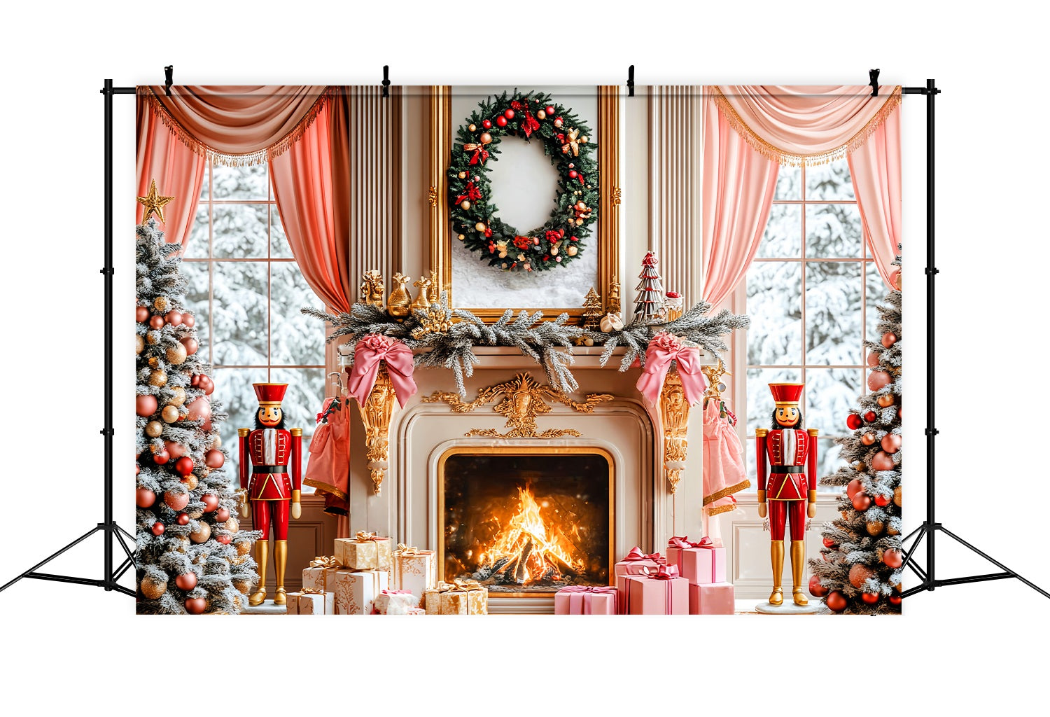 Toile de fond de Noël Décor Rose Casse-Noisette et Cheminée LXX58-62