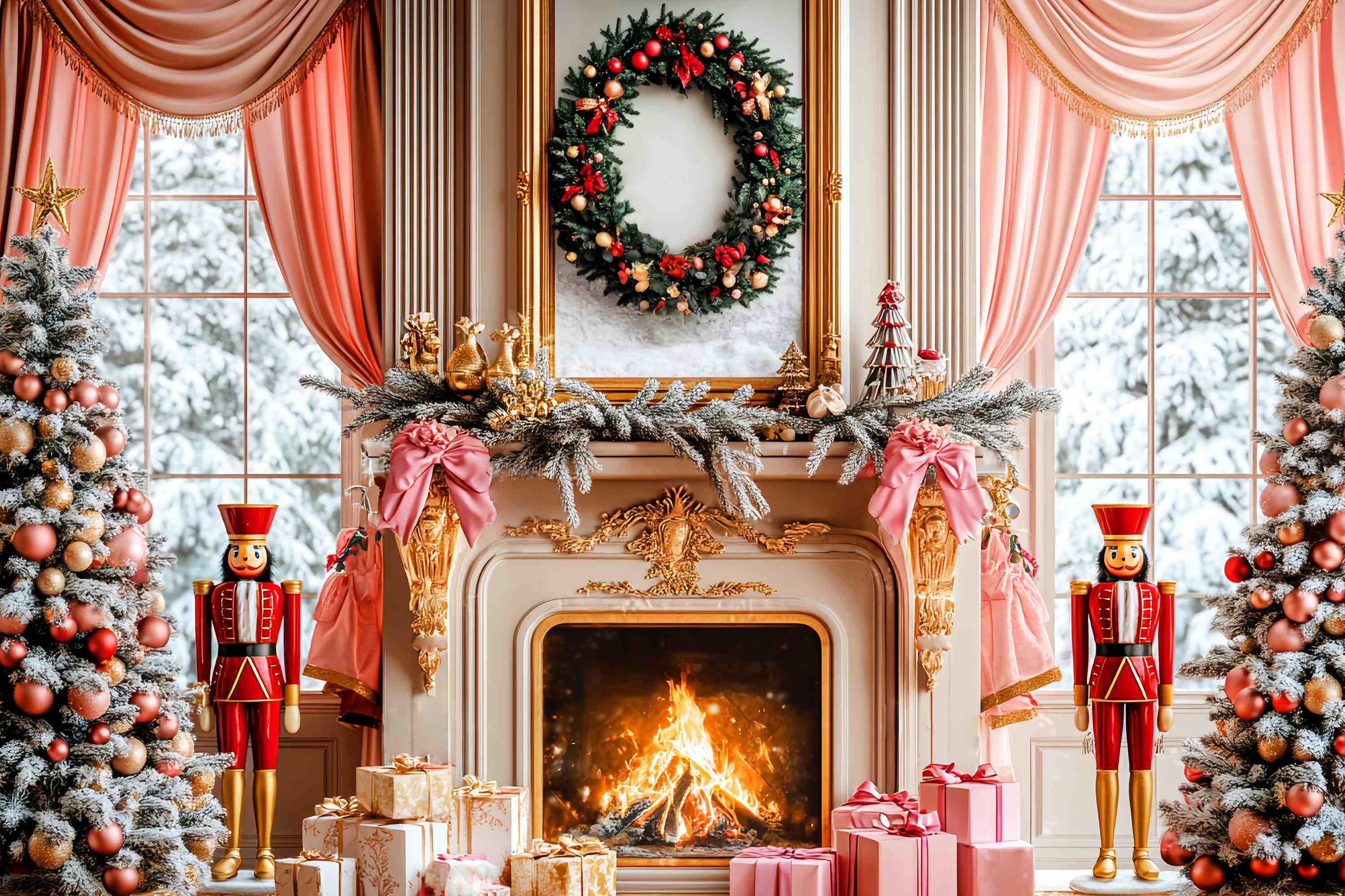 Toile de fond de Noël Décor Rose Casse-Noisette et Cheminée LXX58-62