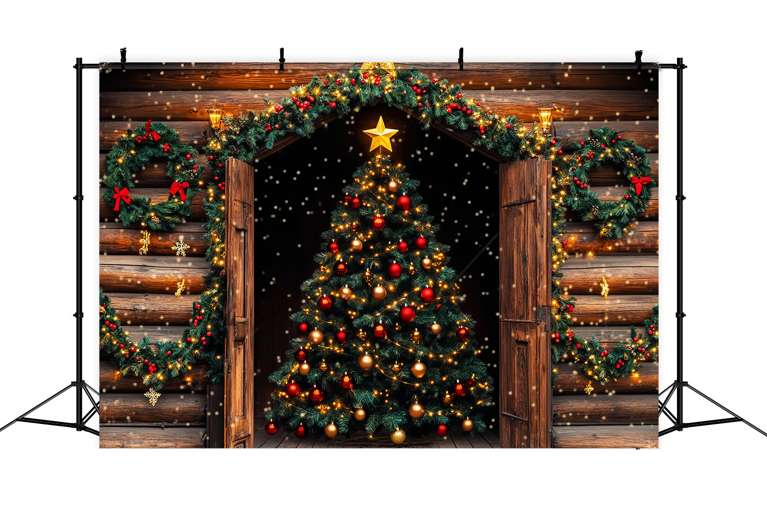 Toile de fond Noël Cabane Rustique avec Sapin Illuminé LXX58-63