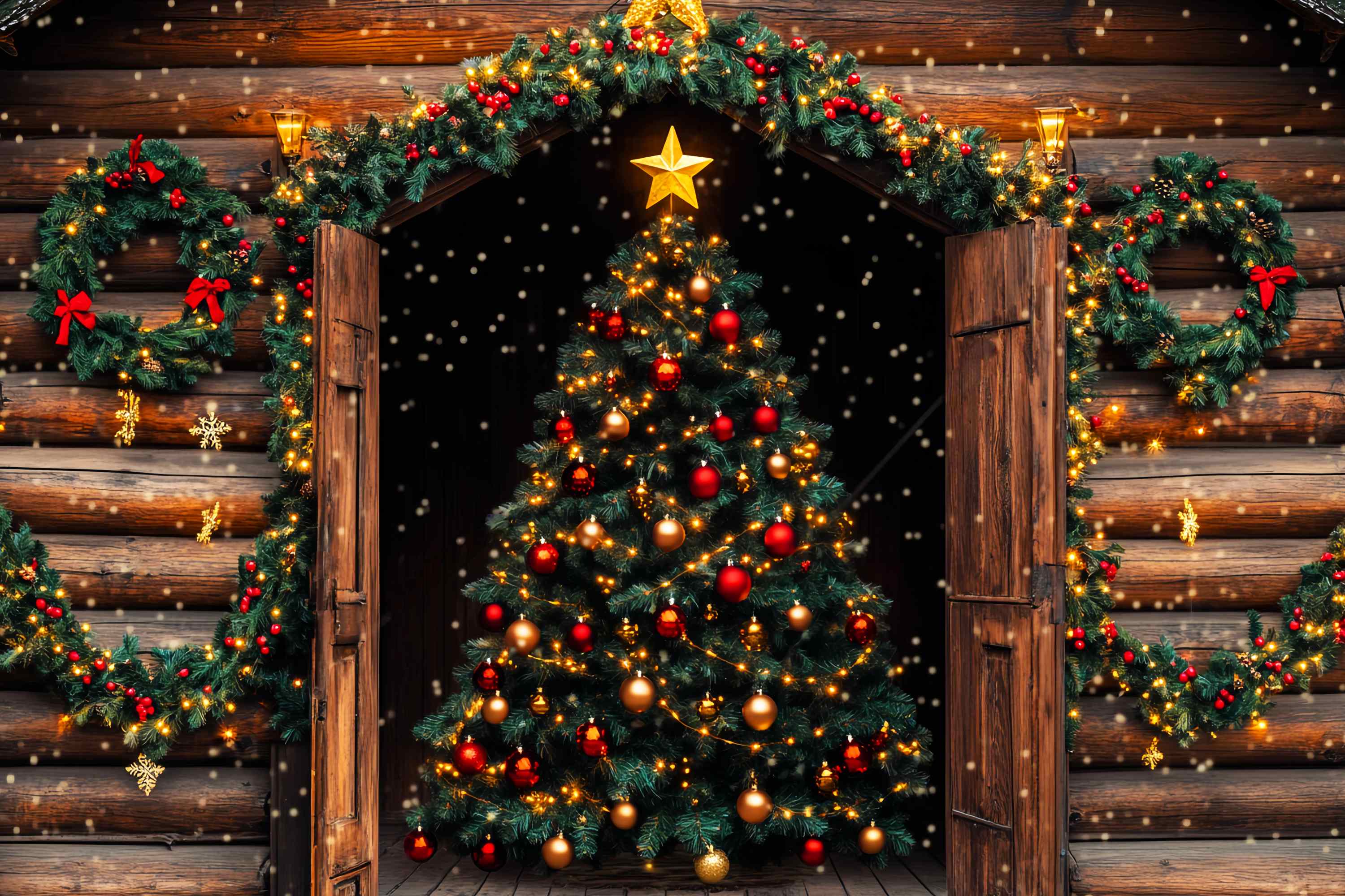 Toile de fond Noël Cabane Rustique avec Sapin Illuminé LXX58-63