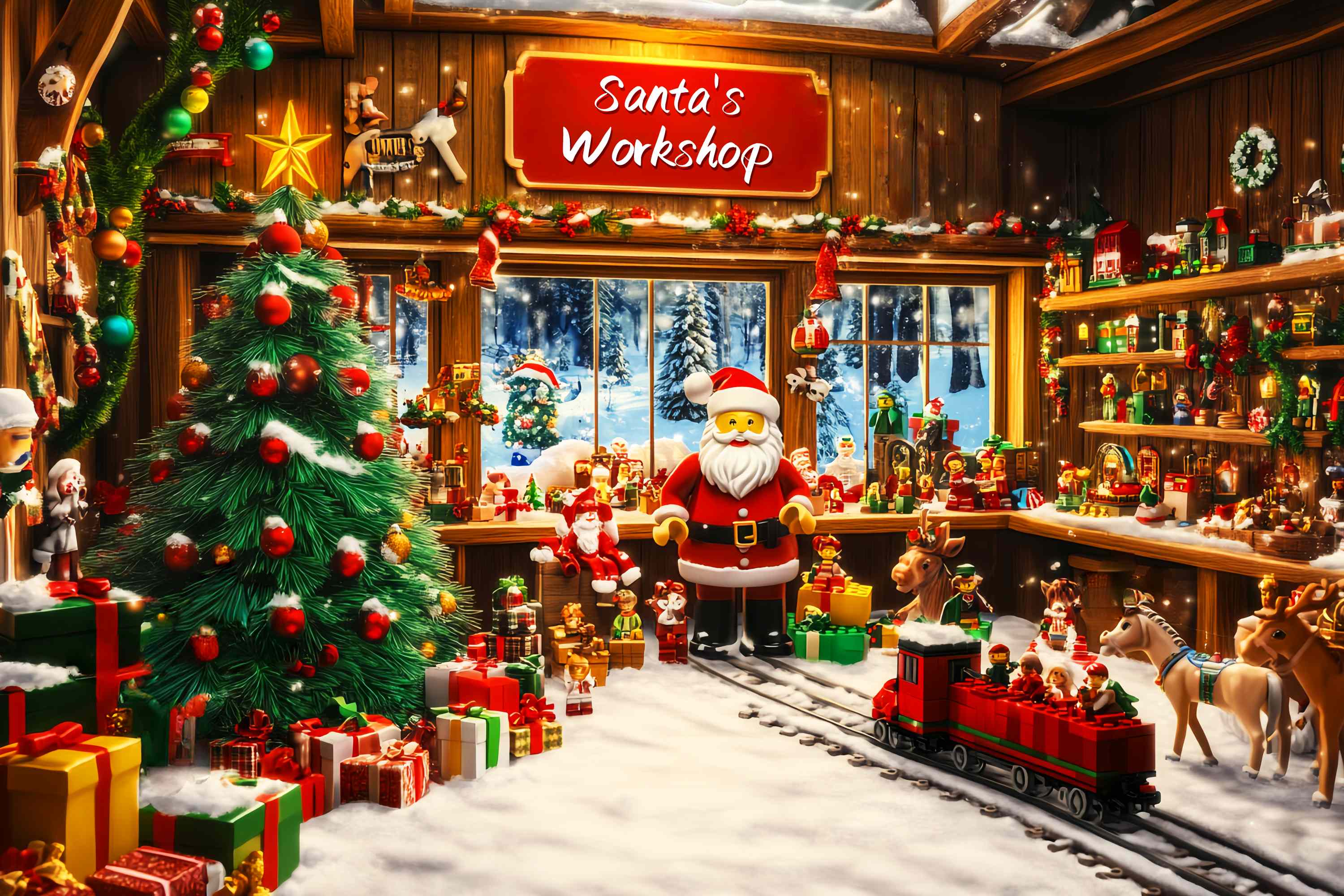 Toile de fond Noël Atelier du Père Noël en Lego LXX58-64