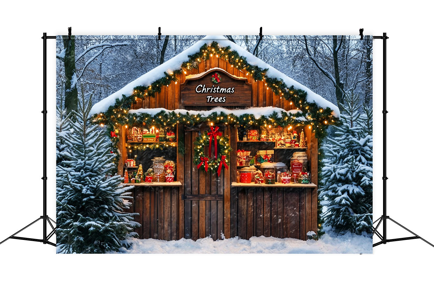 Toile de fond Noël Forêt Enneigée et Cabane Sucrée LXX58-65