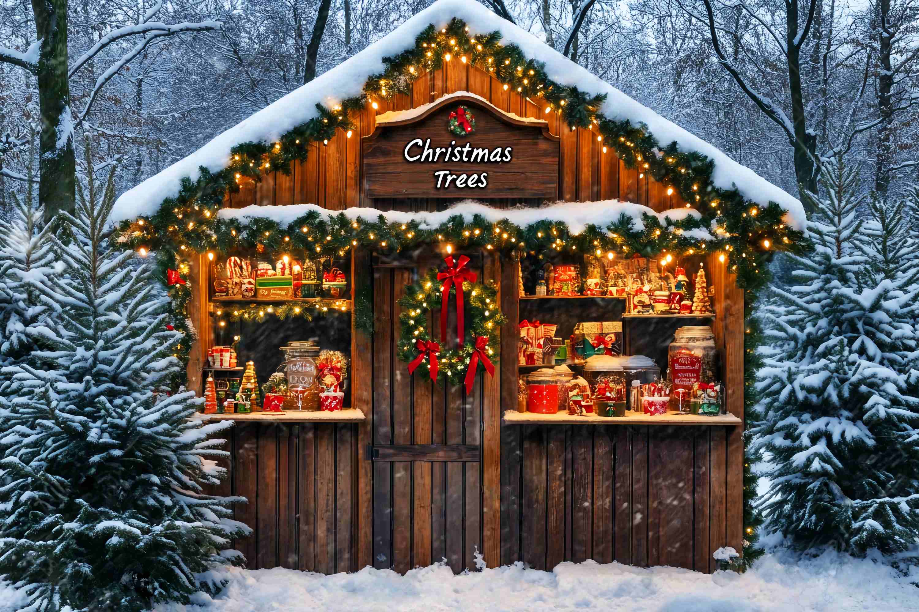 Toile de fond Noël Forêt Enneigée et Cabane Sucrée LXX58-65