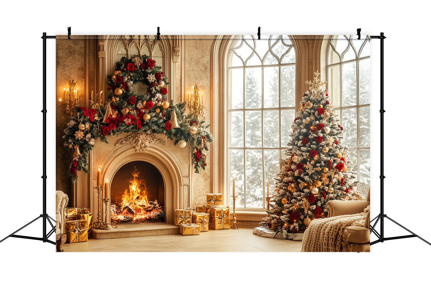 Toile de fond Noël Cheminée de Luxe Rouge et Dorée LXX58-66