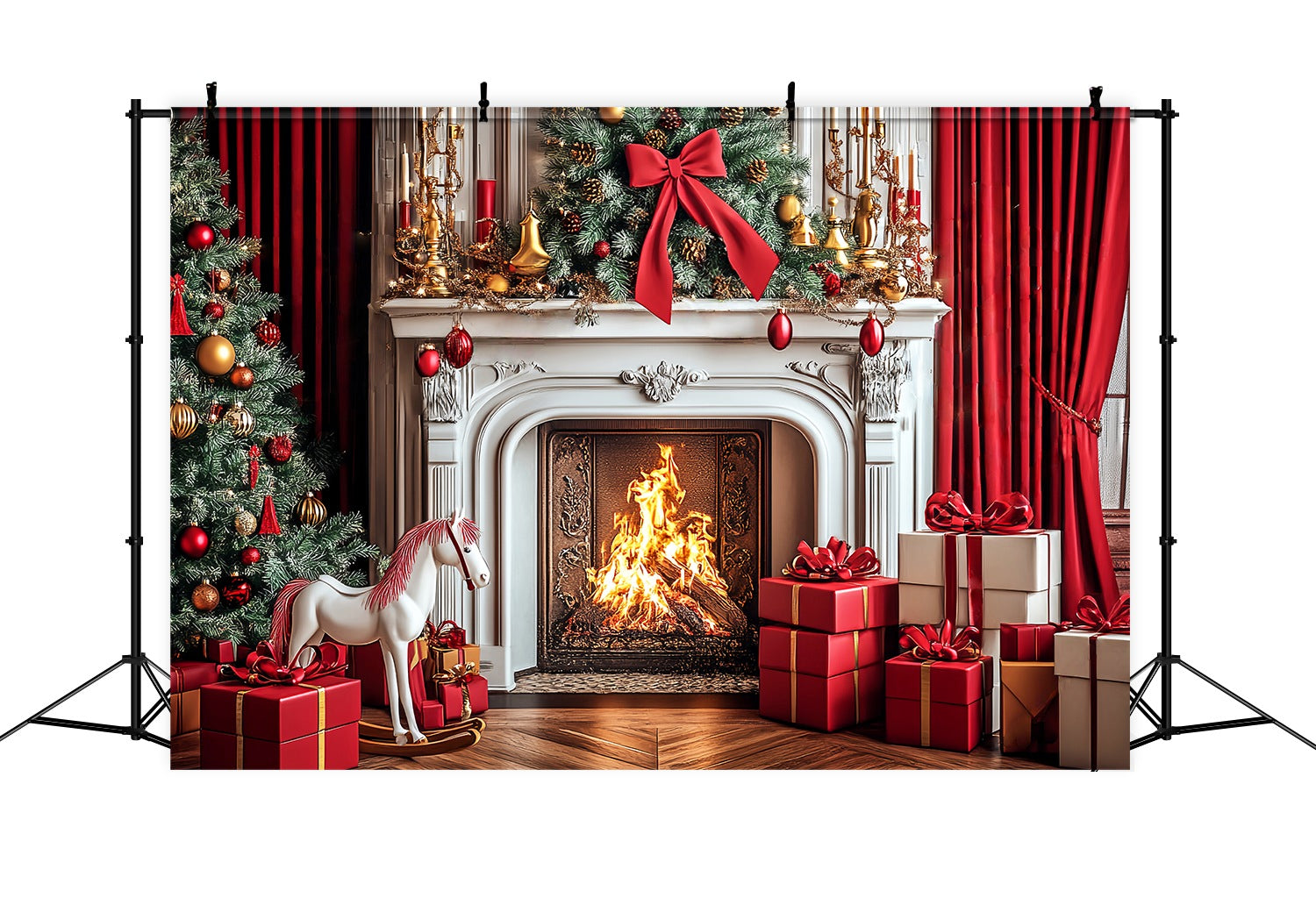 Toile de fond Noël Cheminée Classique Rouge et Or LXX58-69