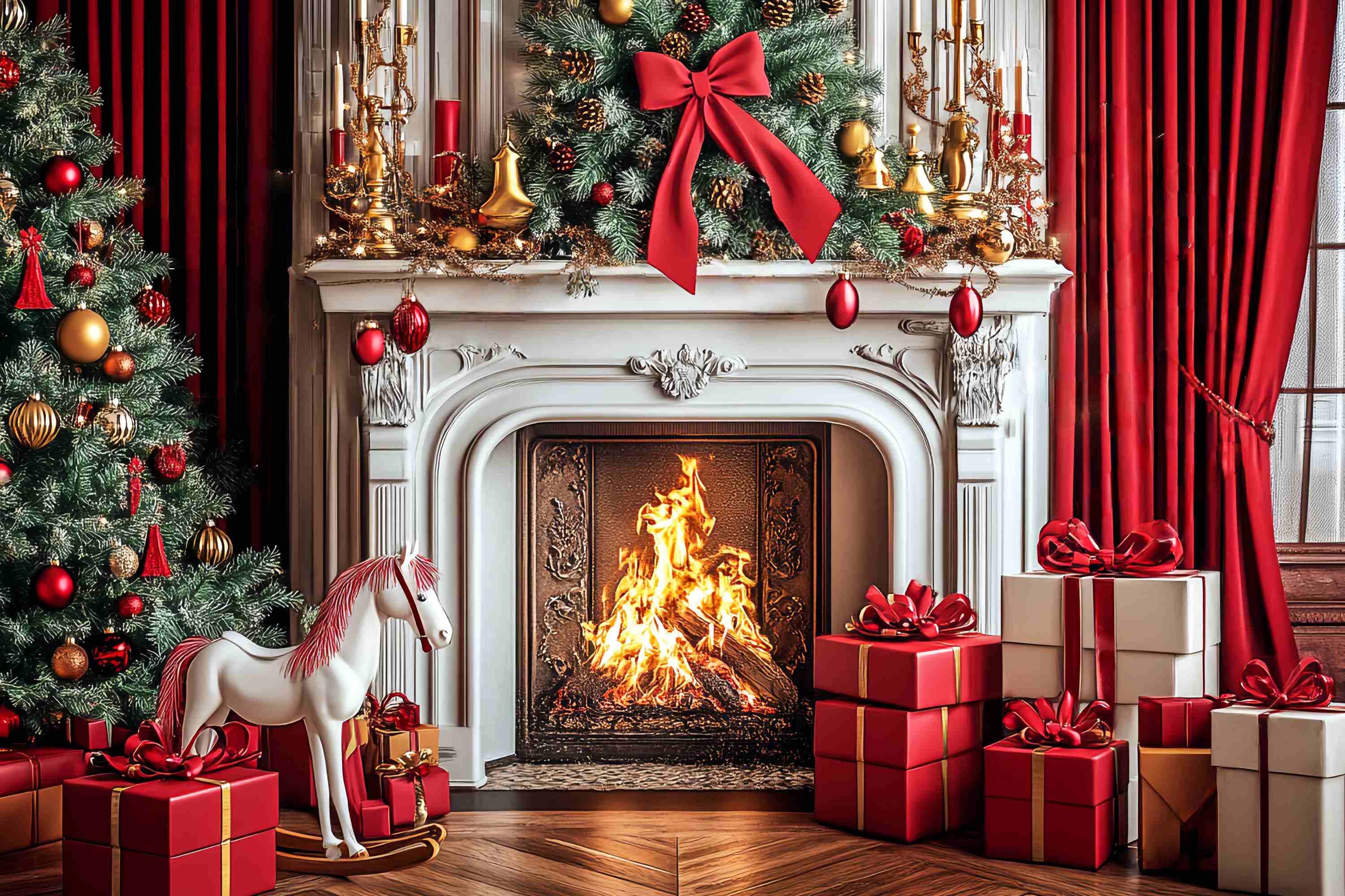 Toile de fond Noël Cheminée Classique Rouge et Or LXX58-69