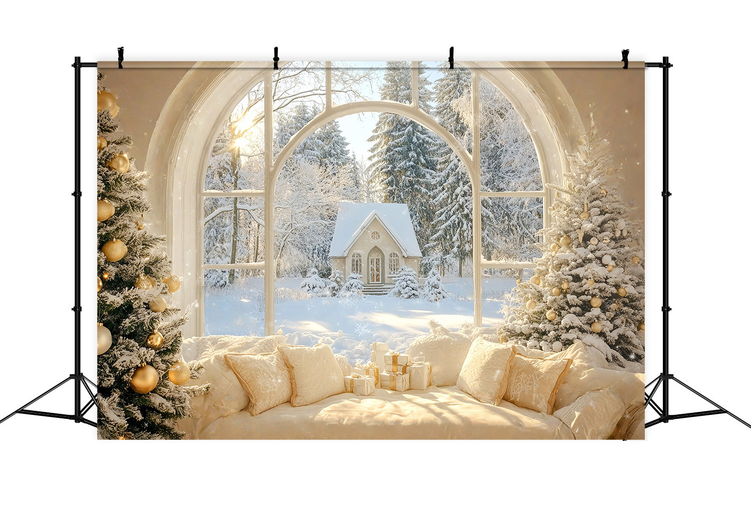 Toile de fond photo Noël Fenêtre Chalet Hivernal Doré LXX58-73