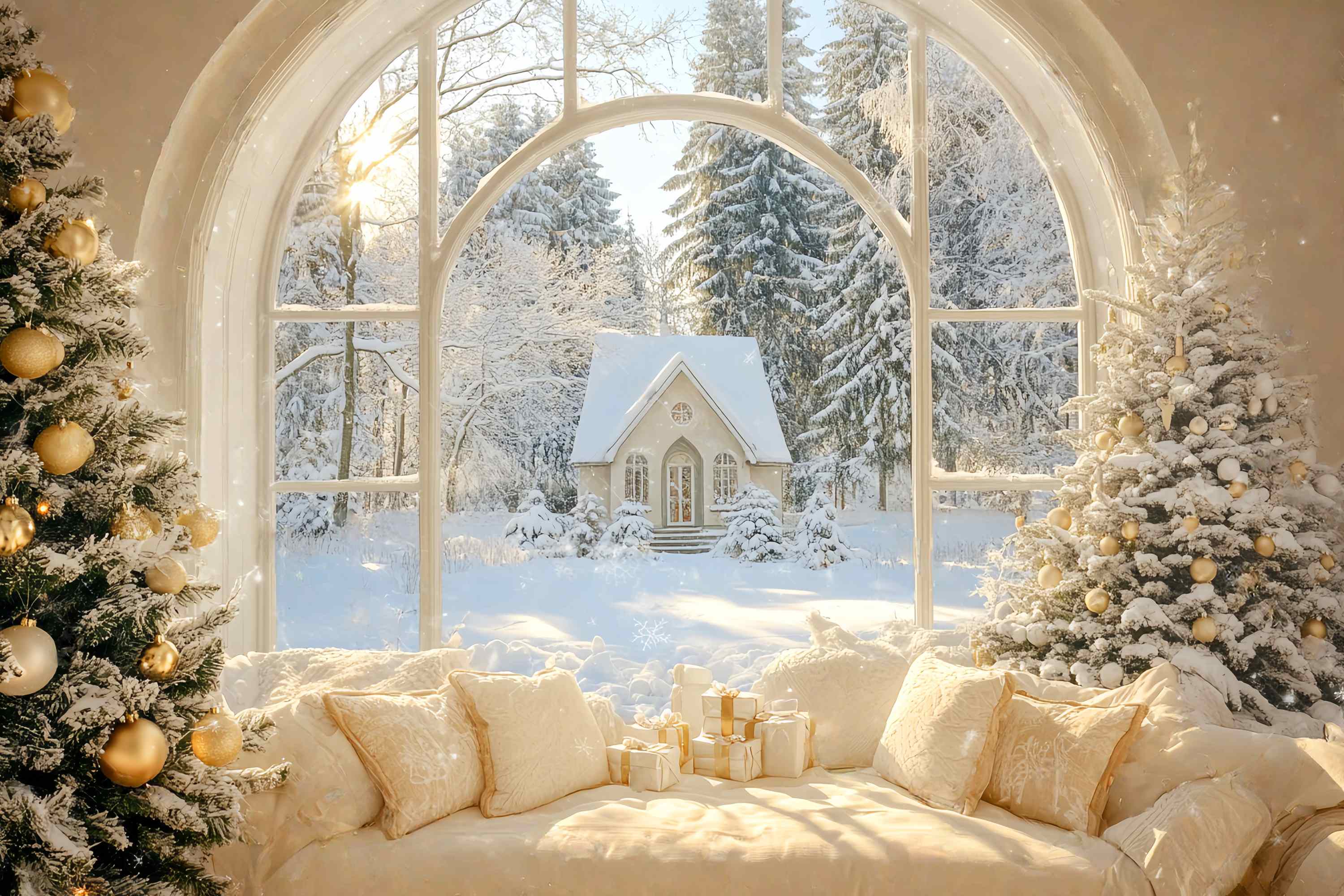 Toile de fond photo Noël Fenêtre Chalet Hivernal Doré LXX58-73