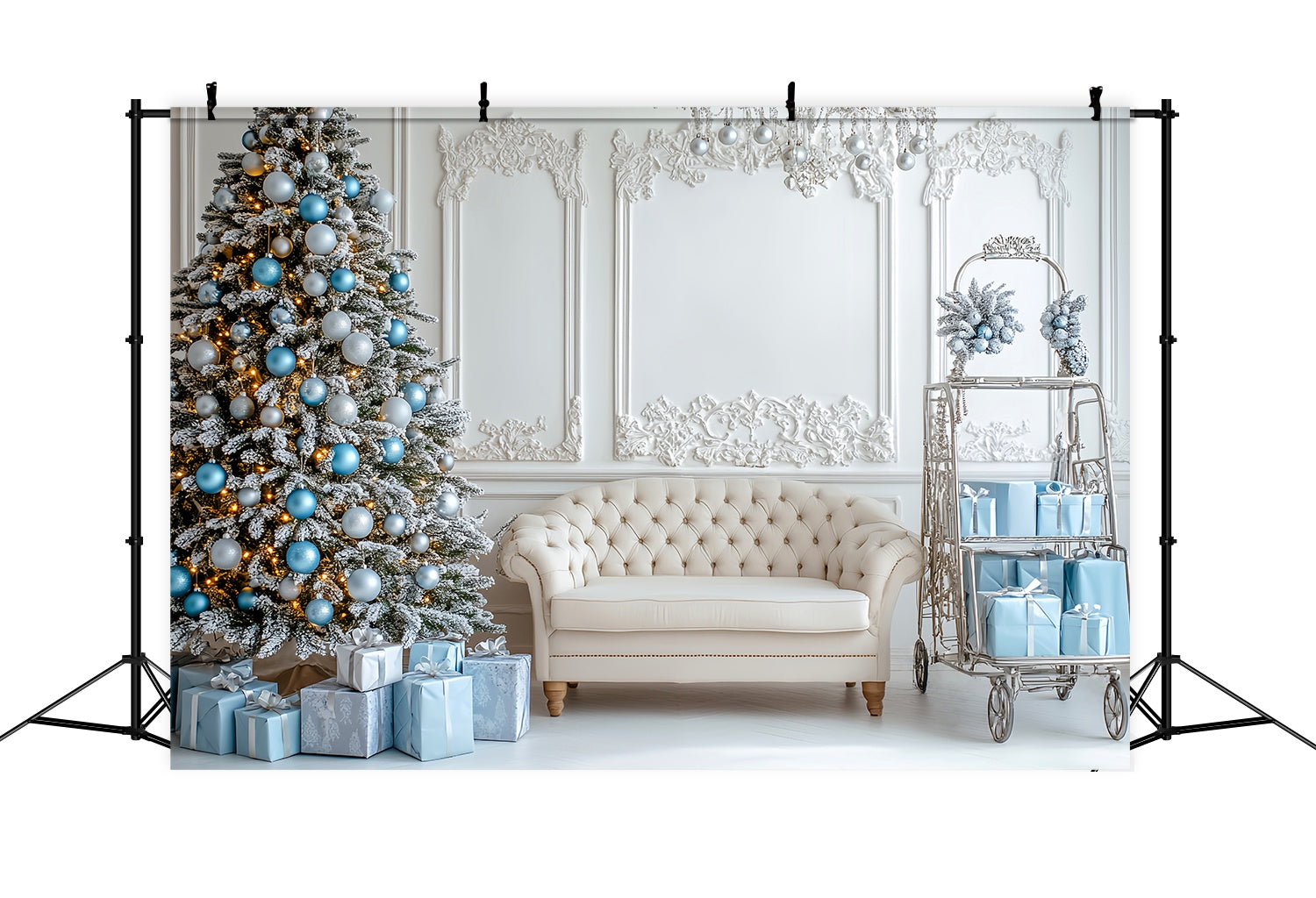 Toile de fond Noël Salon Bleu Givré aux Boules LXX58-74