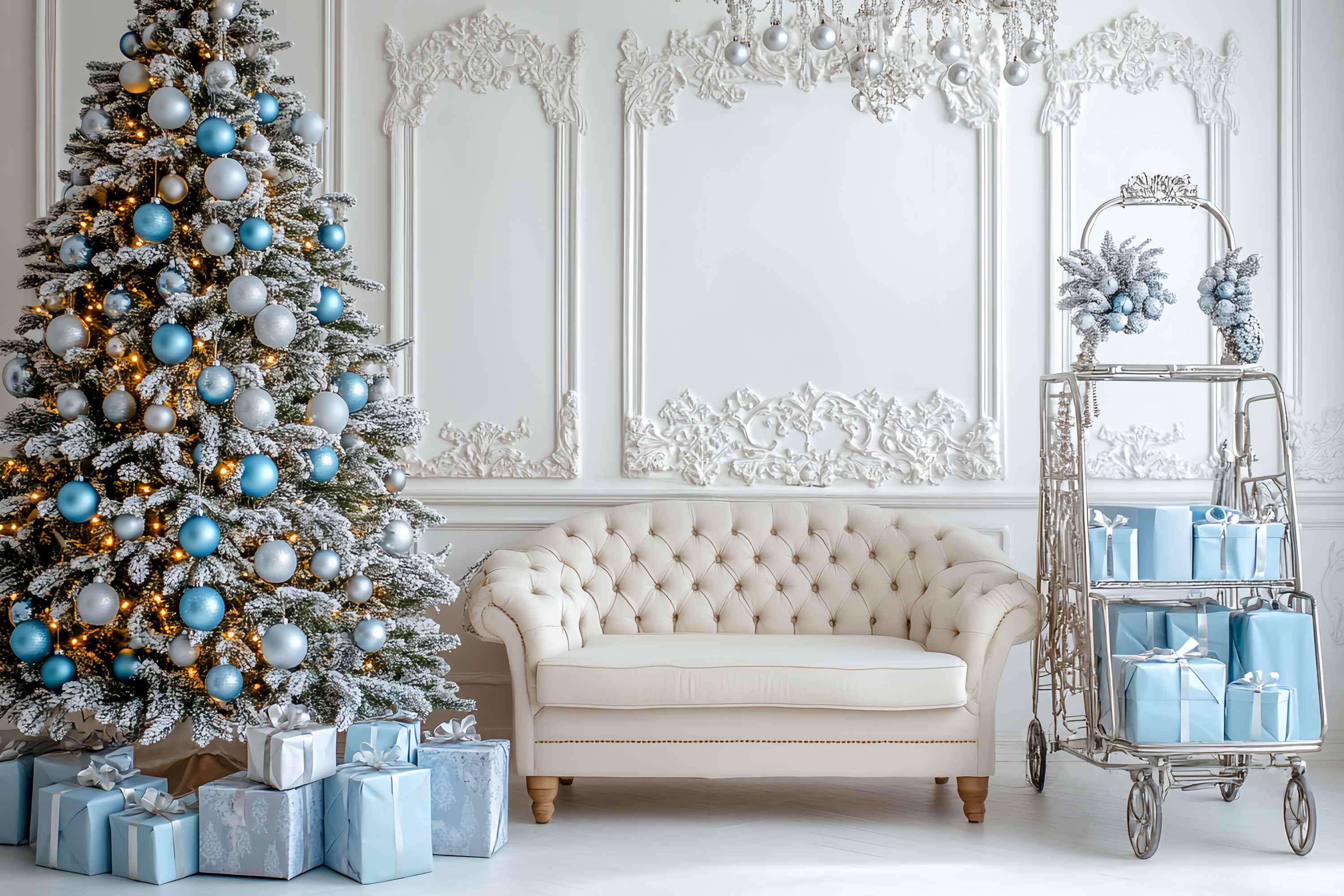 Toile de fond Noël Salon Bleu Givré aux Boules LXX58-74