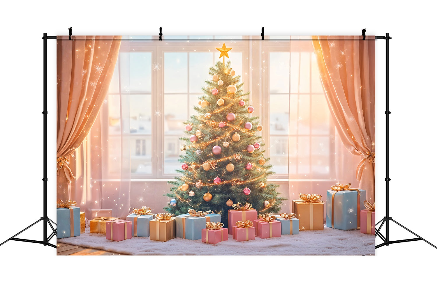 Toile de fond Noël Sapin Cadeaux Éclats Dorés LXX58-75