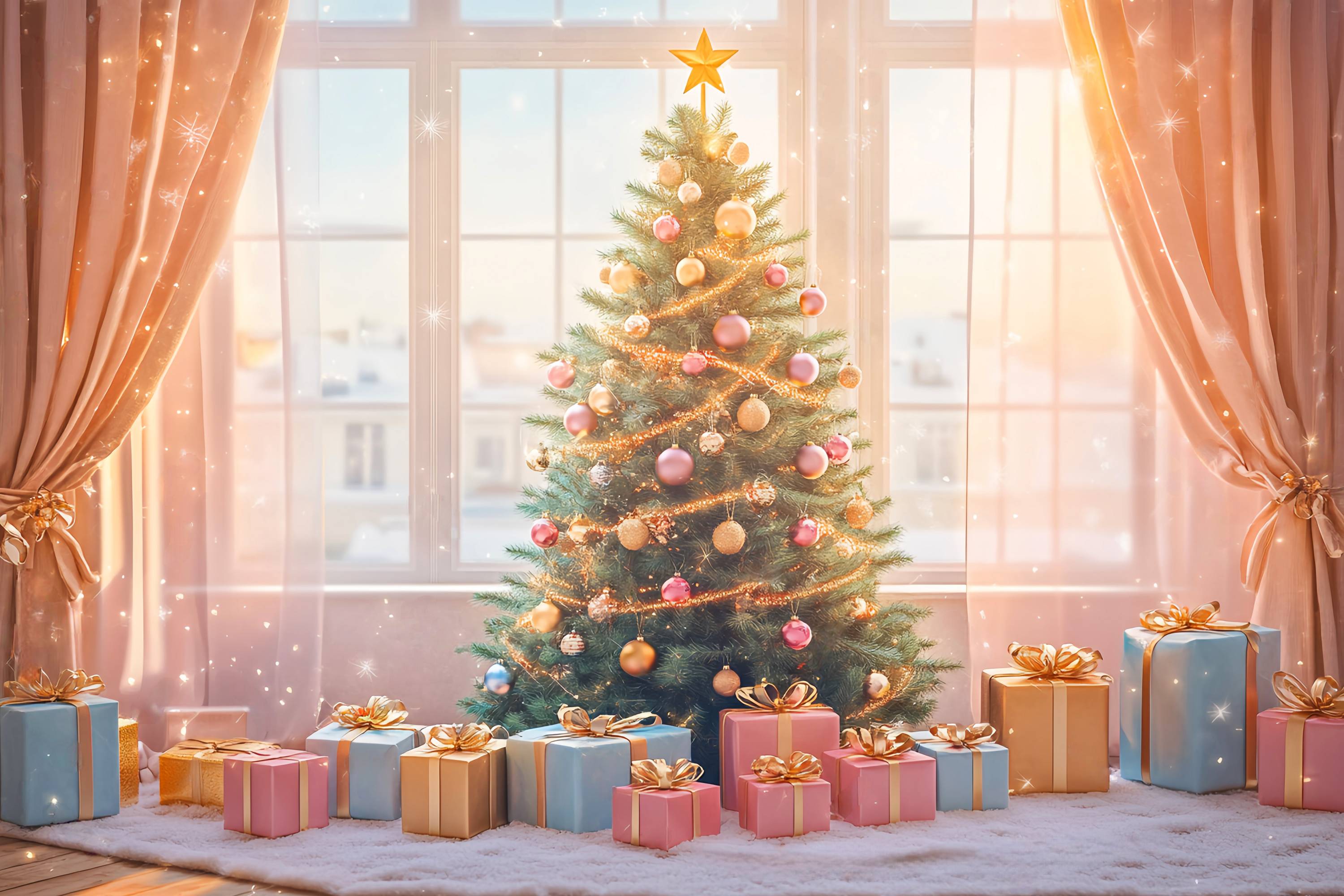 Toile de fond Noël Sapin Cadeaux Éclats Dorés LXX58-75