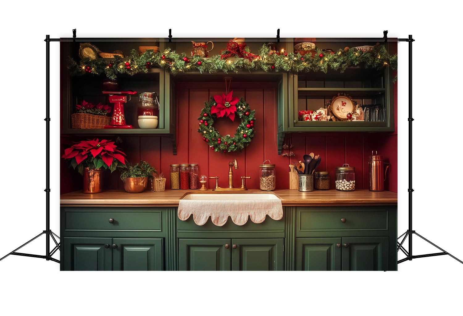 Toile de fond Noël Cuisine Guirlande et Couronne Campagnarde LXX58-78
