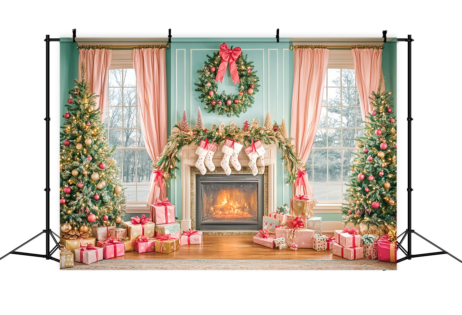 Toile de fond de Noël Cheminée Rose et Matin de Noël LXX58-83