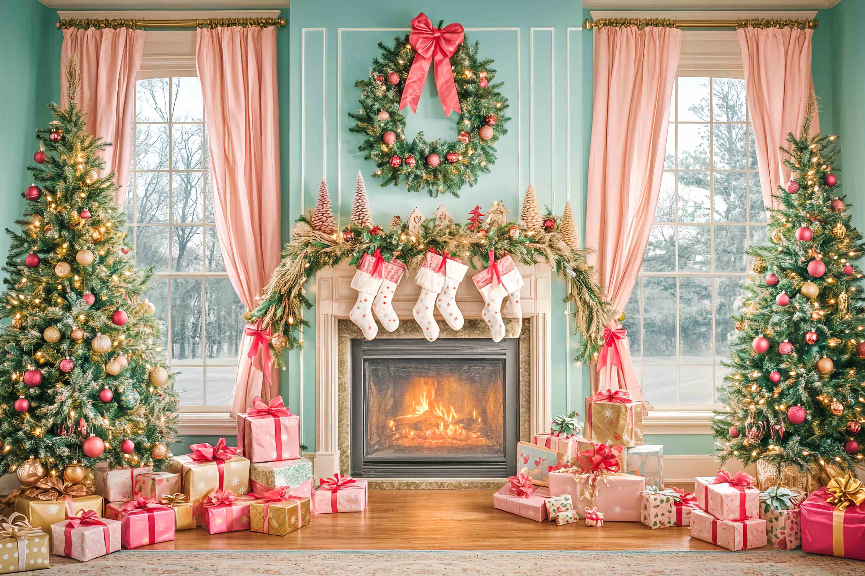 Toile de fond de Noël Cheminée Rose et Matin de Noël LXX58-83
