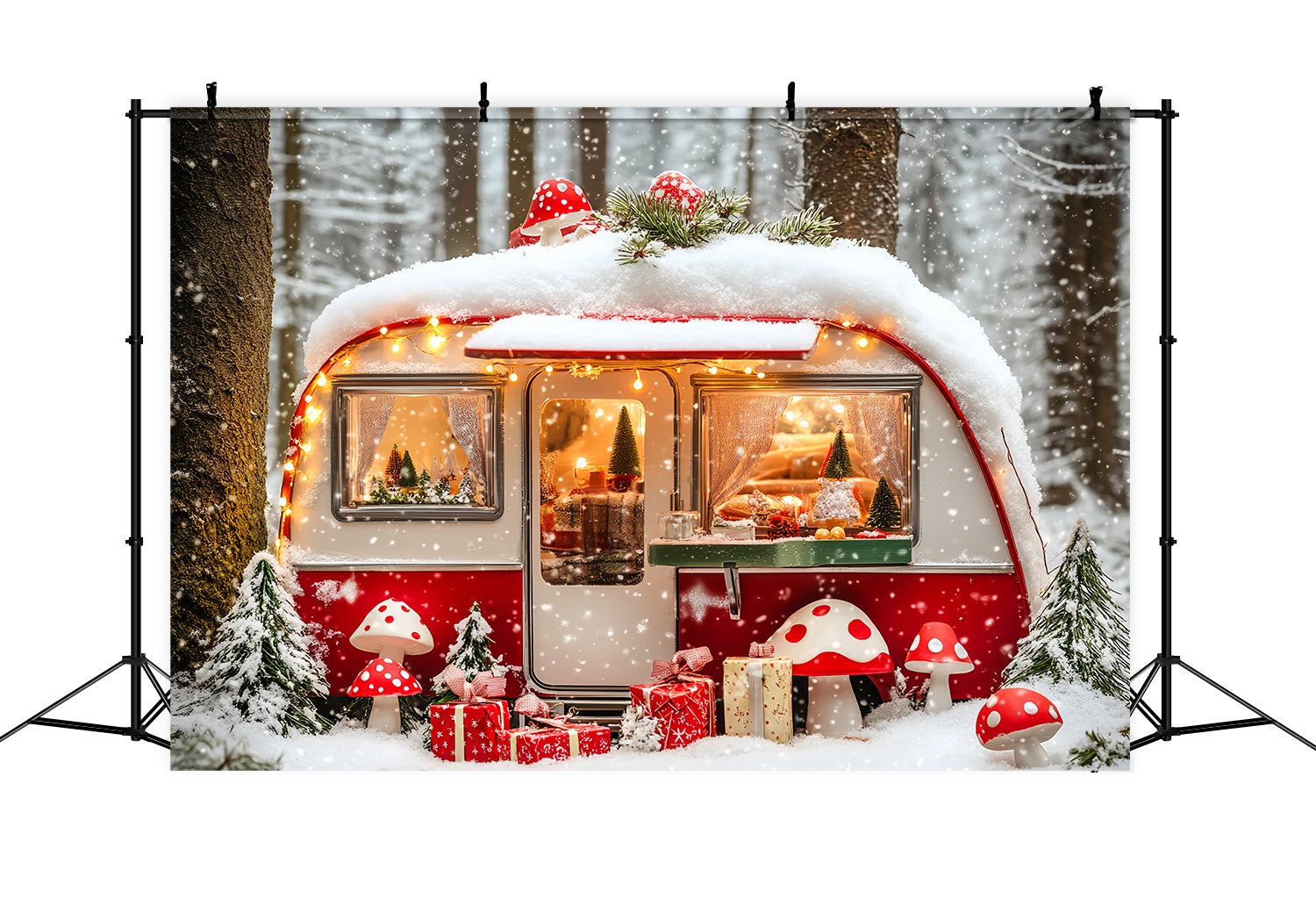 Toile de fond Noël Forêt Champignon Enneigée et Camping-Car LXX58-84