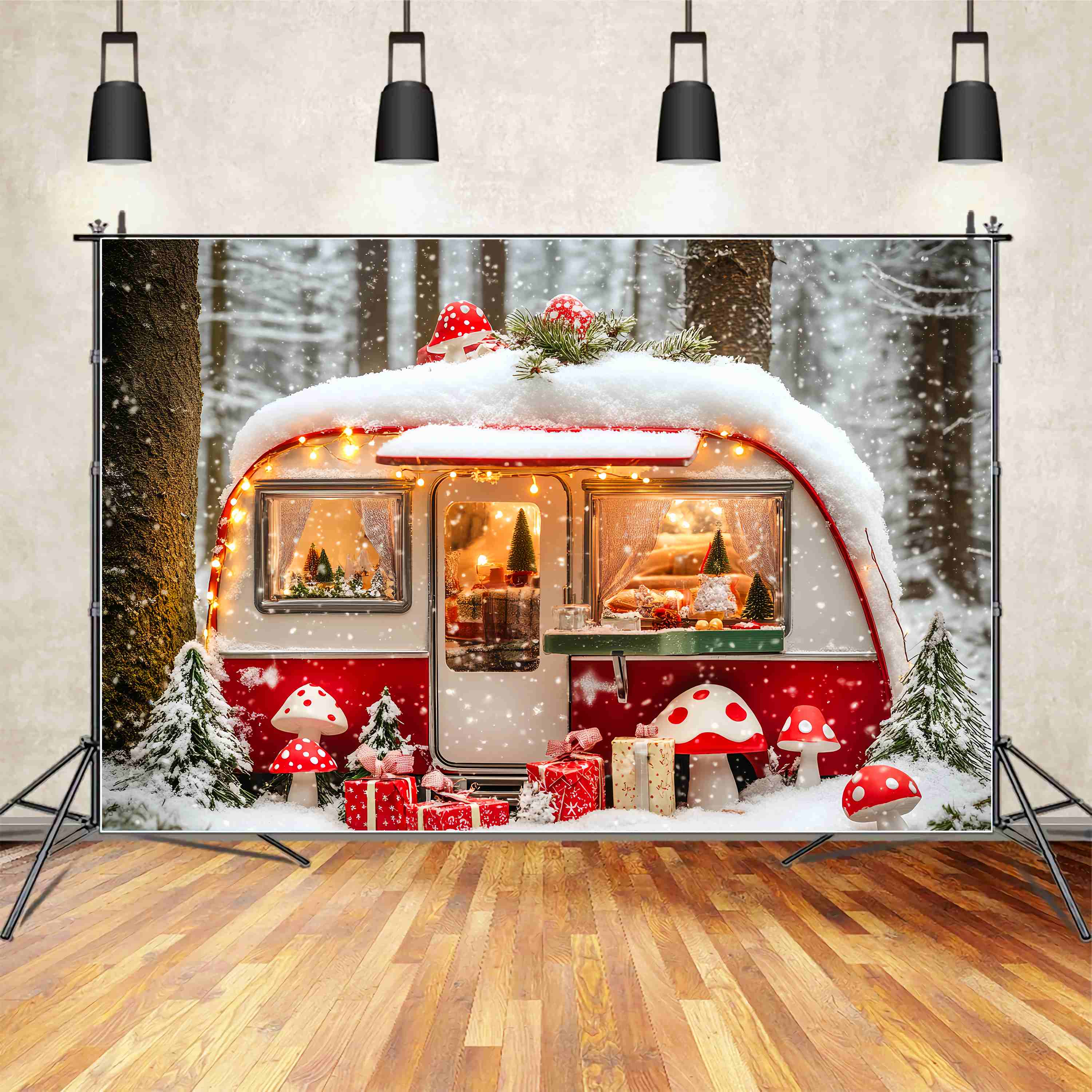 Toile de fond Noël Forêt Champignon Enneigée et Camping-Car LXX58-84
