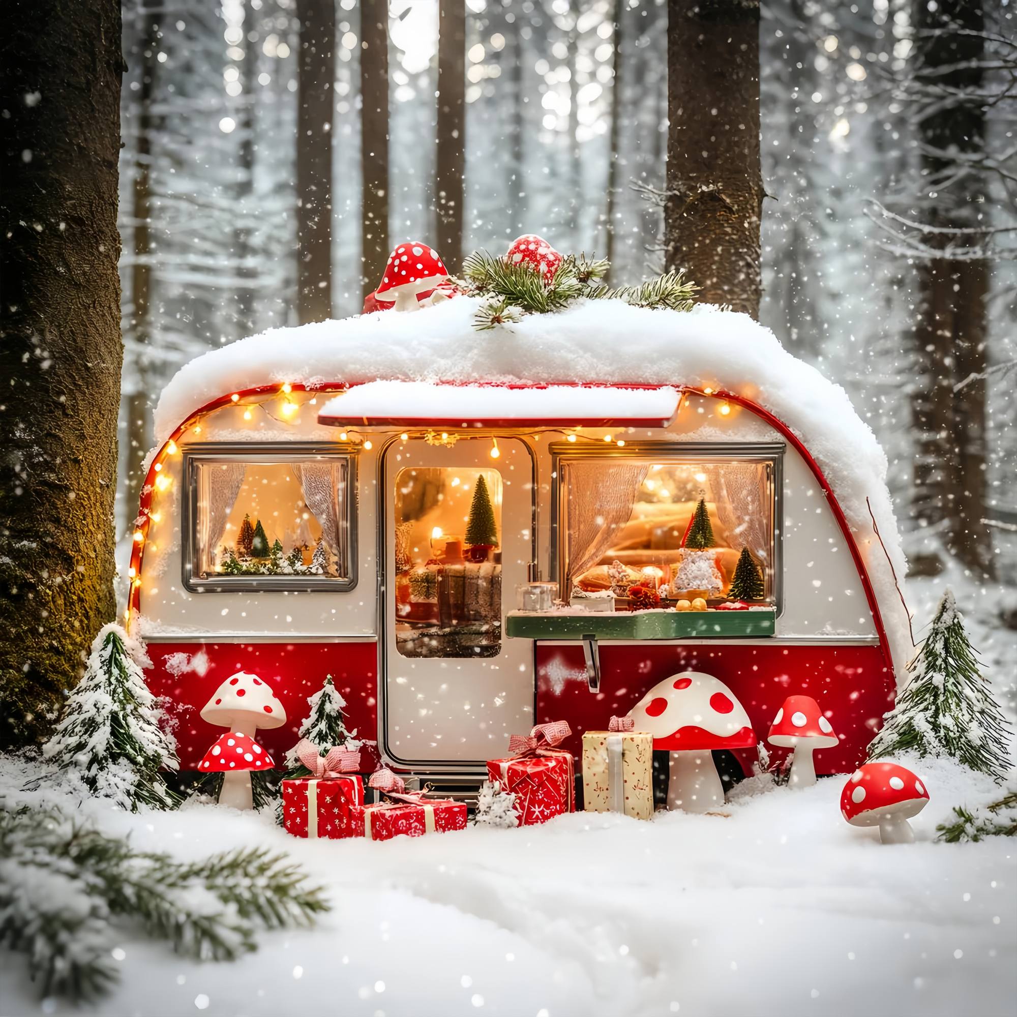 Toile de fond Noël Forêt Champignon Enneigée et Camping-Car LXX58-84