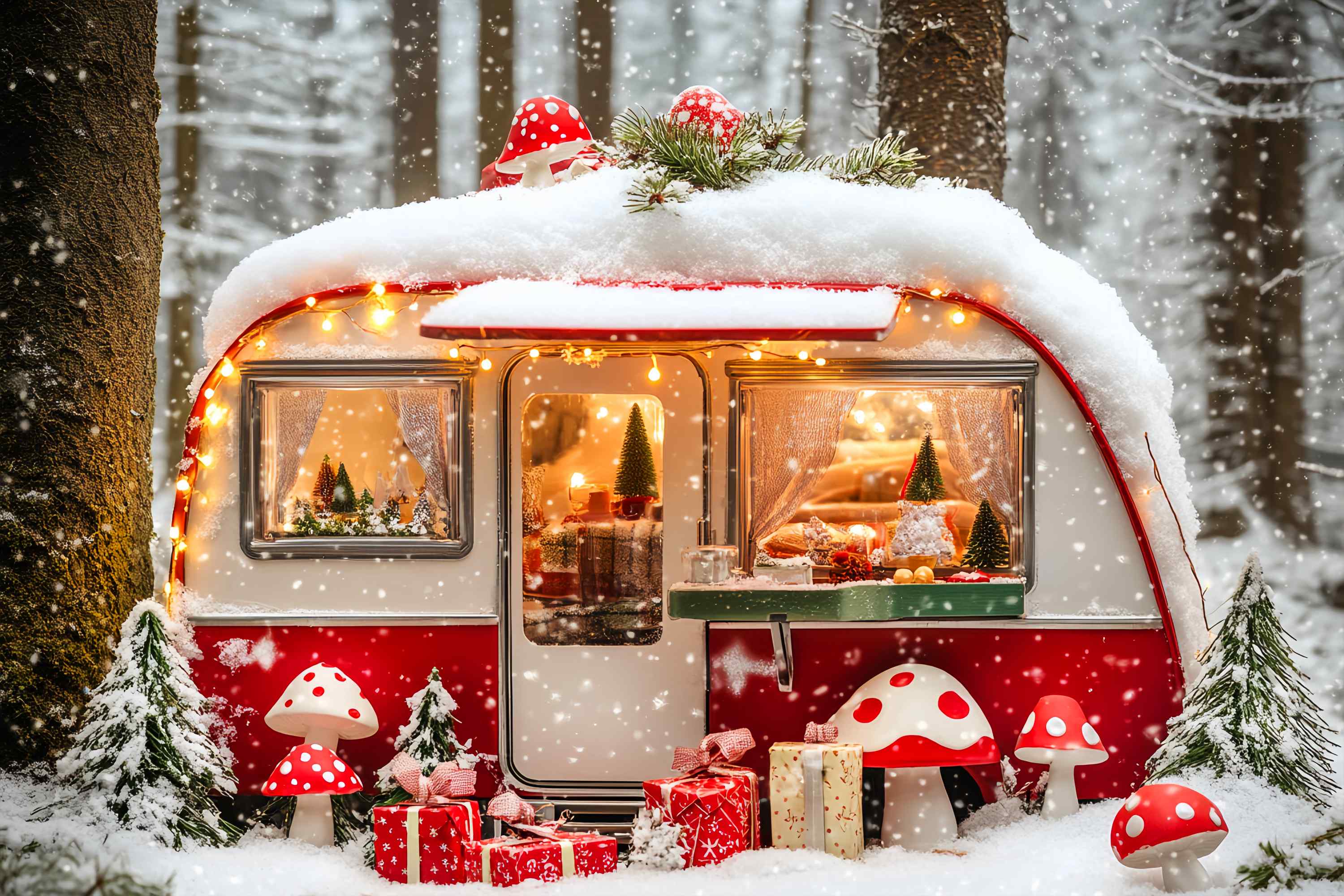 Toile de fond Noël Forêt Champignon Enneigée et Camping-Car LXX58-84