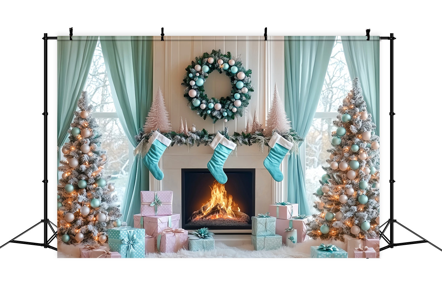 Toile de fond Noël Matin Cheminée et Bas Aqua LXX58-87