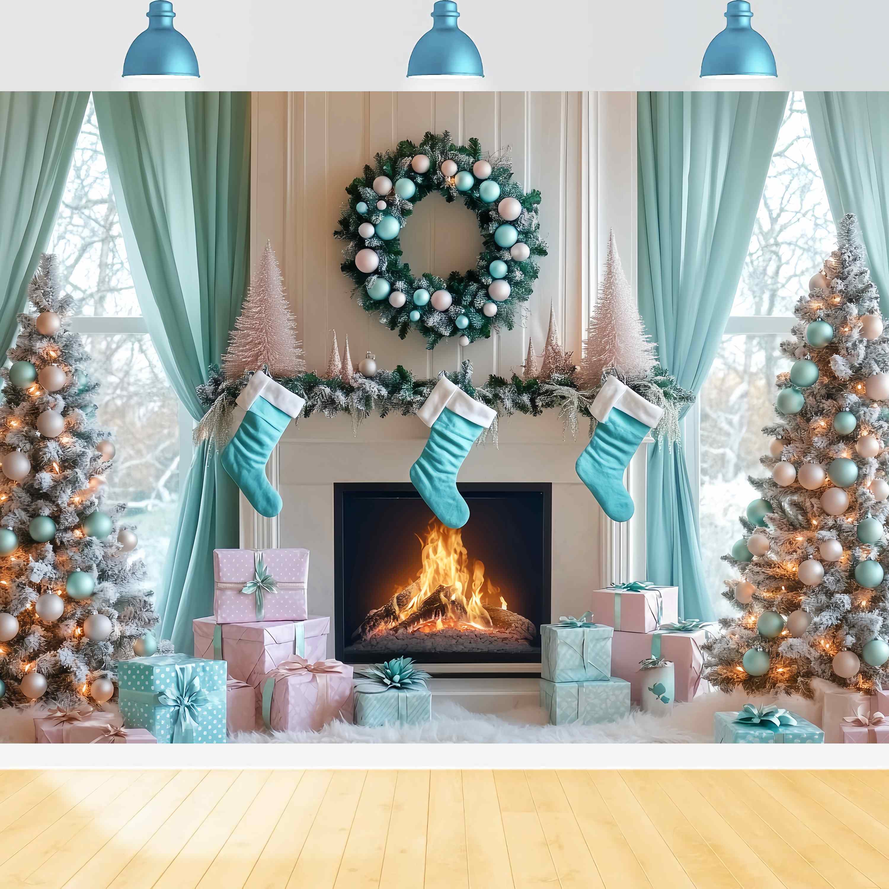 Toile de fond Noël Matin Cheminée et Bas Aqua LXX58-87