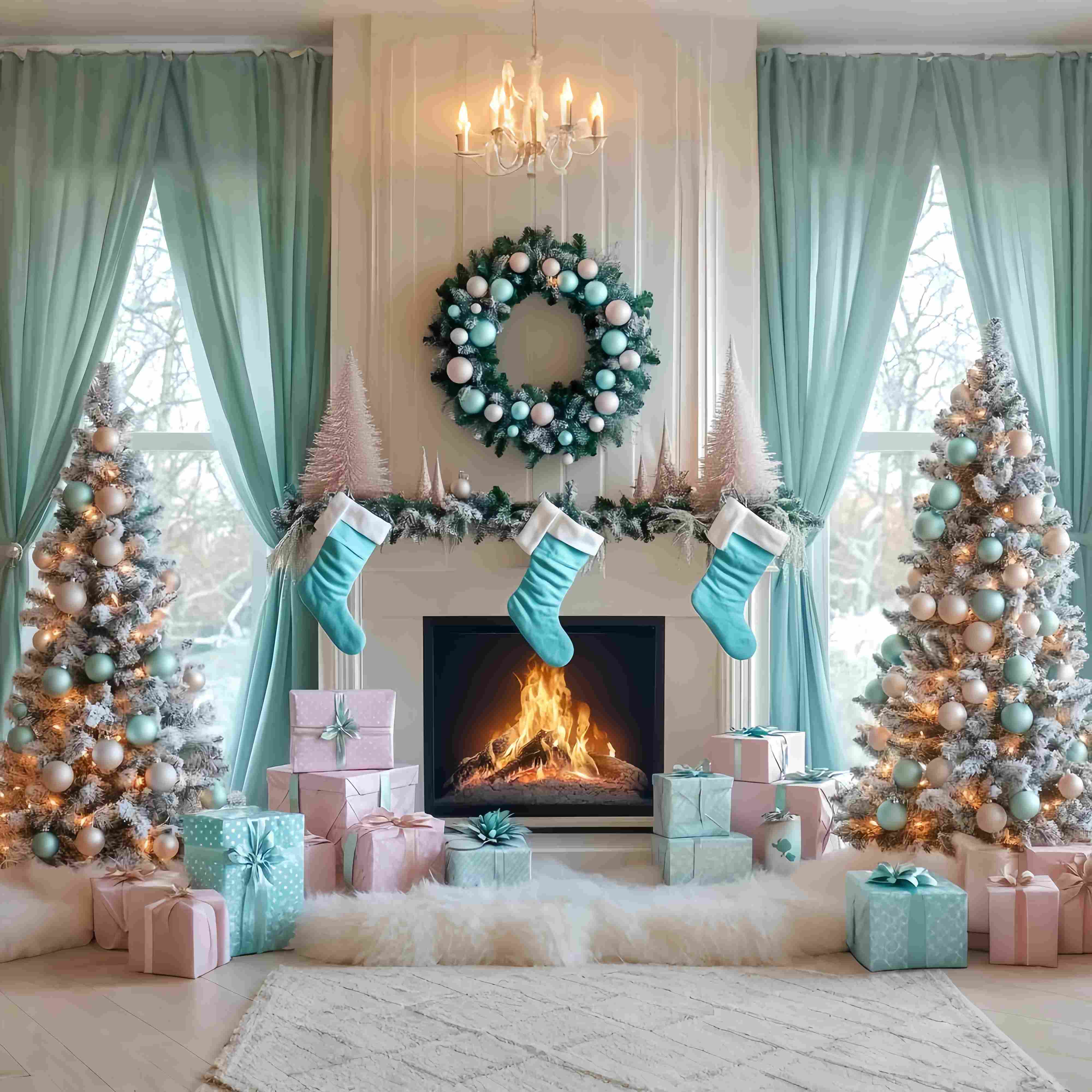 Toile de fond Noël Matin Cheminée et Bas Aqua LXX58-87