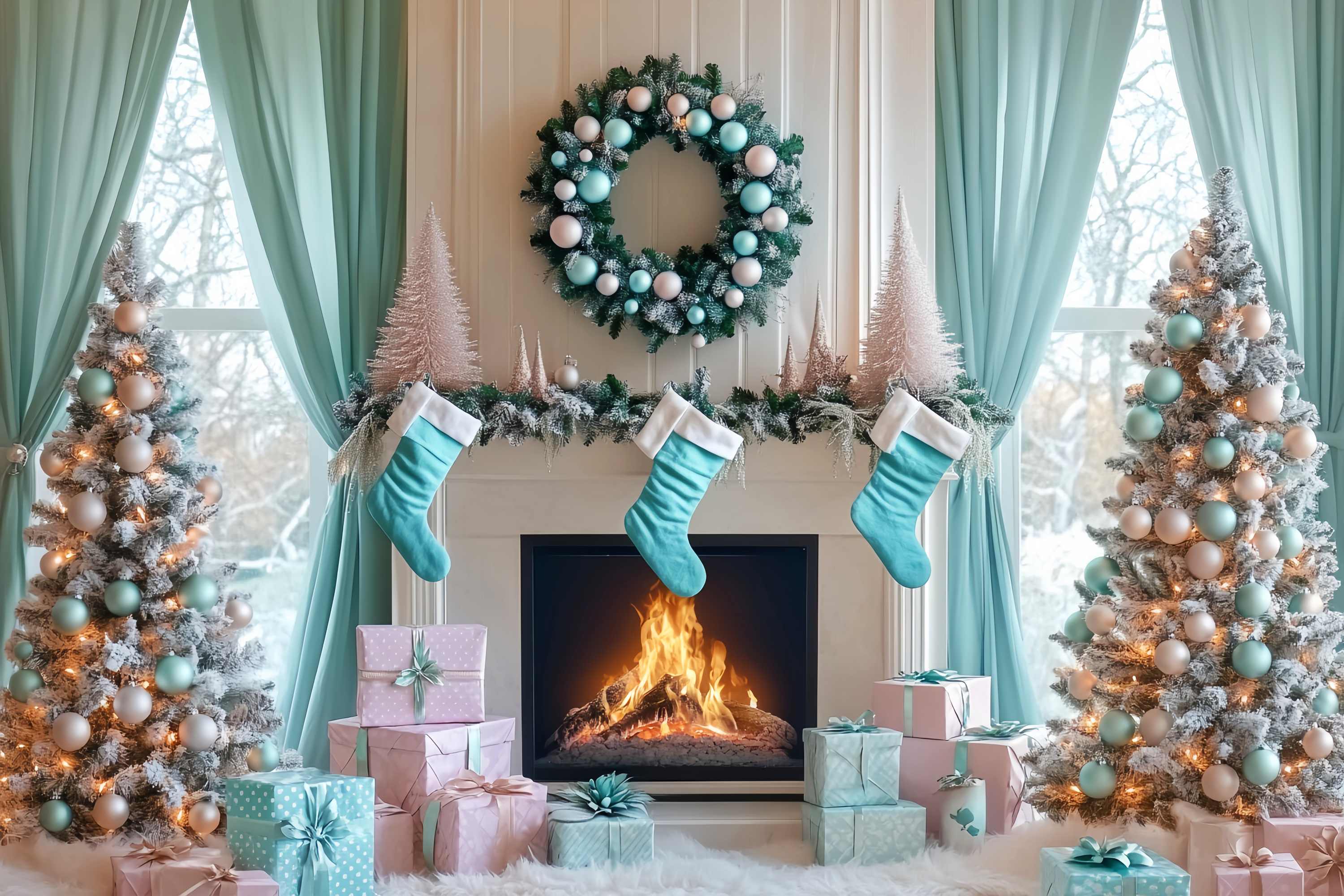 Toile de fond Noël Matin Cheminée et Bas Aqua LXX58-87
