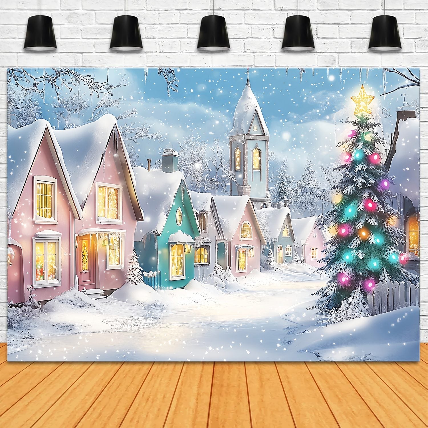 Toile de fond de Noël Village Pastel Enneigé LXX58-95