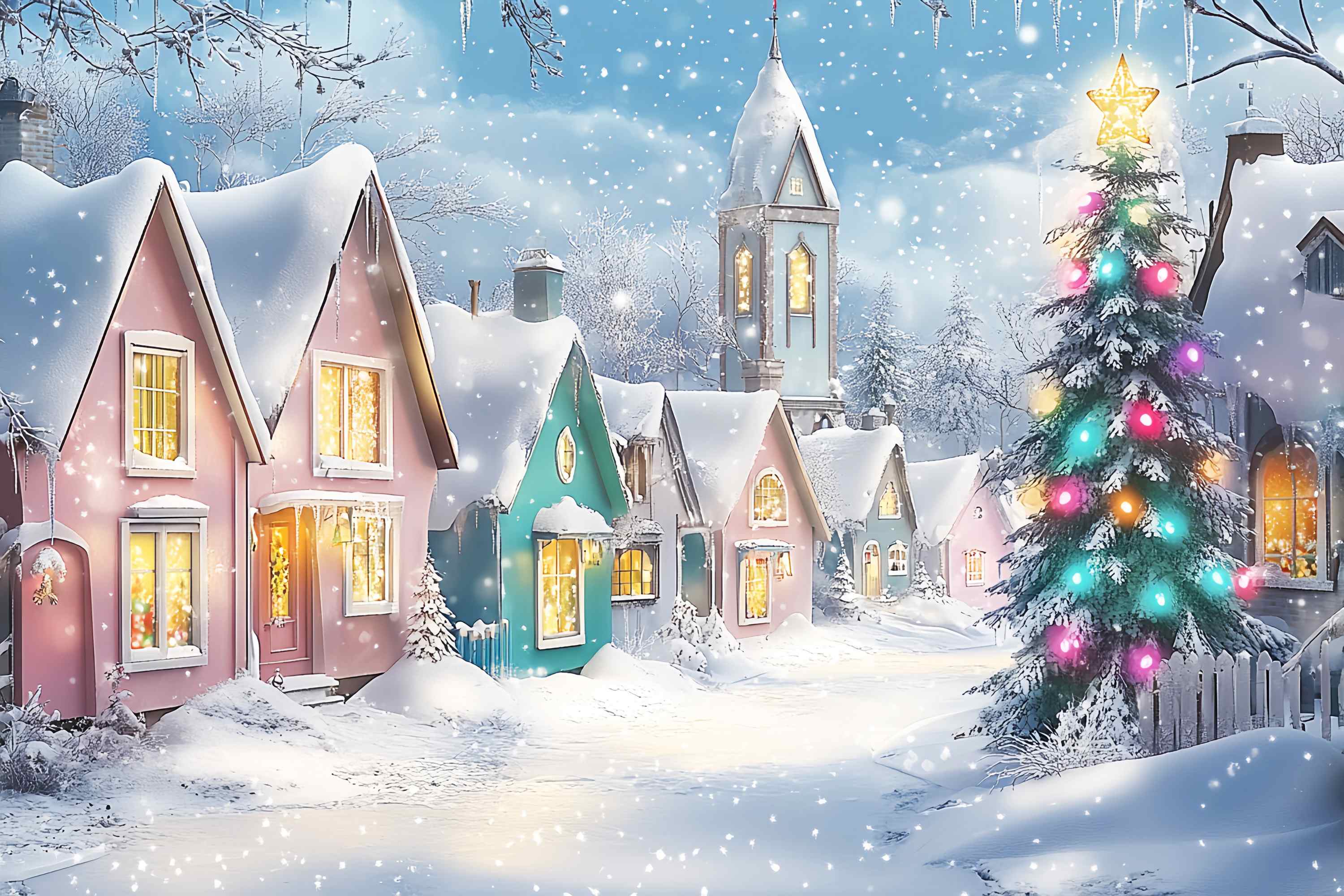 Toile de fond de Noël Village Pastel Enneigé LXX58-95